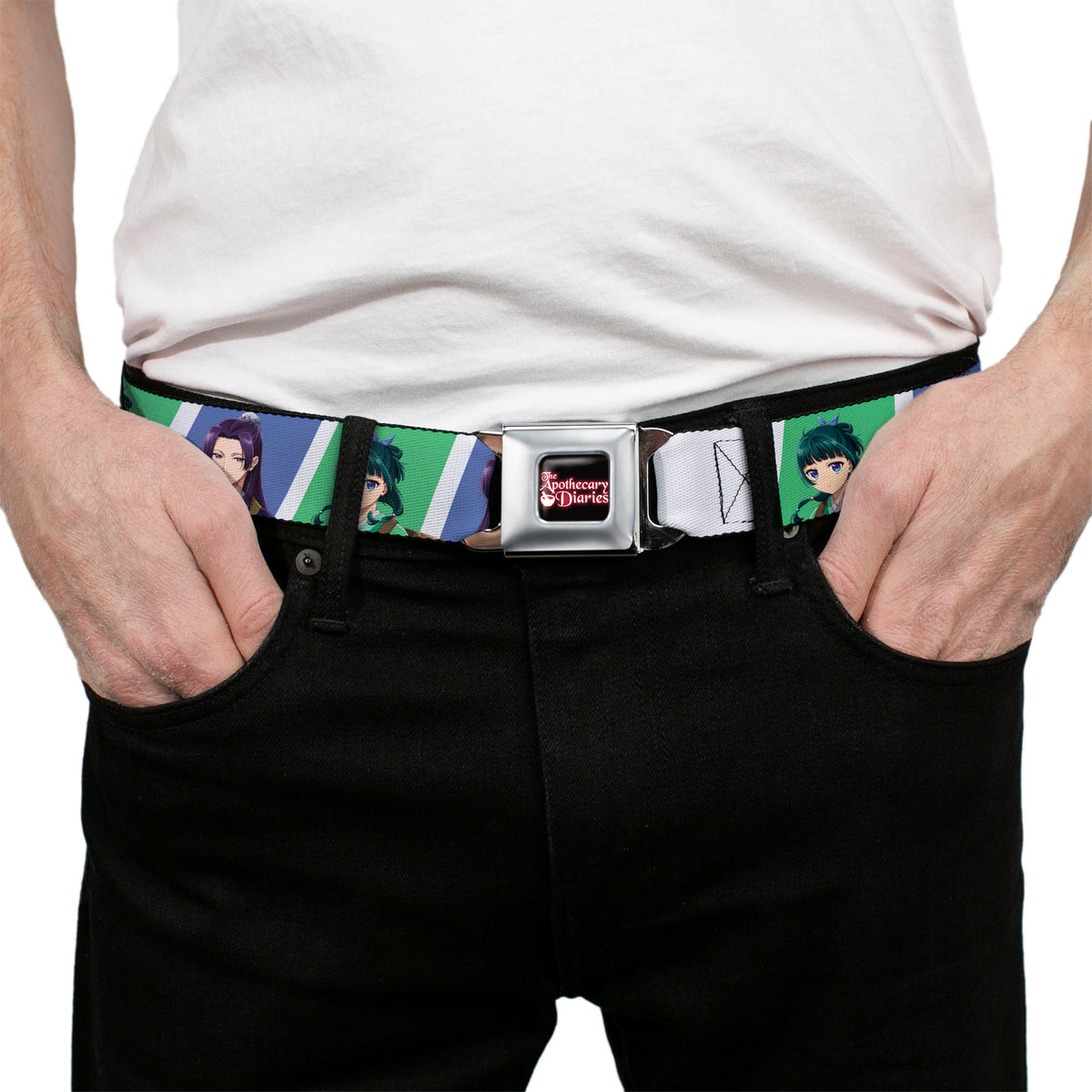 THE APOTHECARY DIARIES Title Logo Full Color Black/Red/White Seatbelt Belt - The Apothecary Diaries Jinshi and Maomao Pose Blocks White/Blue/Green Webbing Seatbelt Belts The Apothecary Diaries