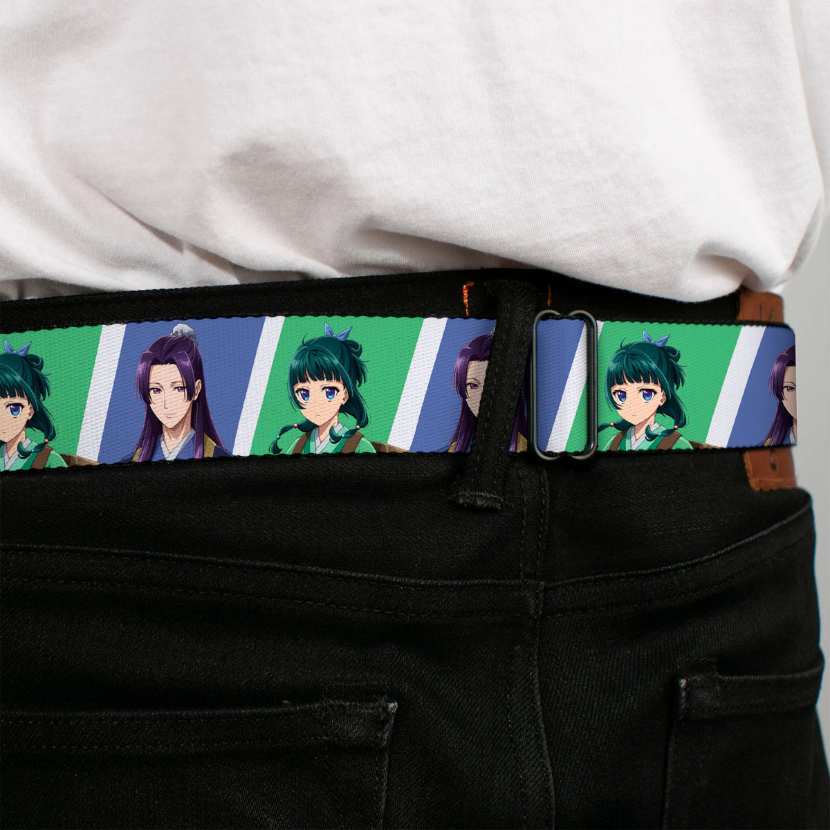 THE APOTHECARY DIARIES Title Logo Full Color Black/Red/White Seatbelt Belt - The Apothecary Diaries Jinshi and Maomao Pose Blocks White/Blue/Green Webbing Seatbelt Belts The Apothecary Diaries