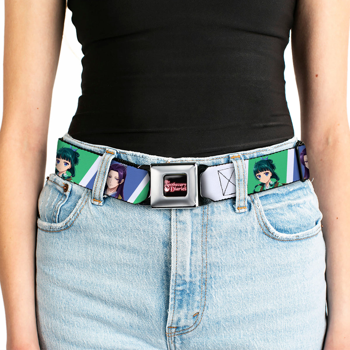 THE APOTHECARY DIARIES Title Logo Full Color Black/Red/White Seatbelt Belt - The Apothecary Diaries Jinshi and Maomao Pose Blocks White/Blue/Green Webbing Seatbelt Belts The Apothecary Diaries
