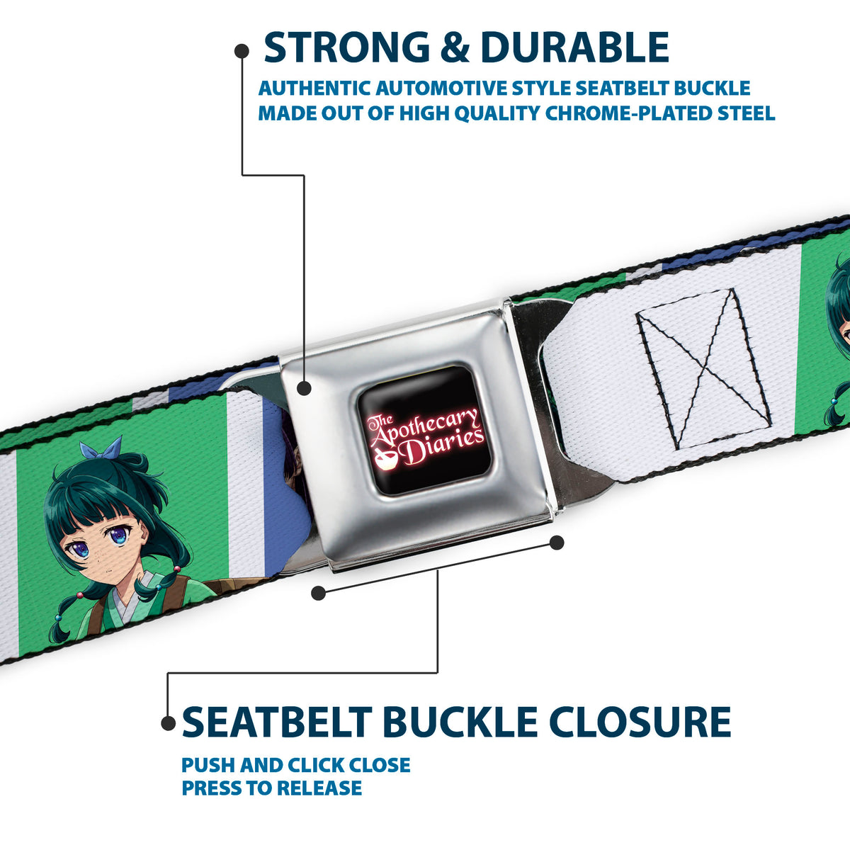 THE APOTHECARY DIARIES Title Logo Full Color Black/Red/White Seatbelt Belt - The Apothecary Diaries Jinshi and Maomao Pose Blocks White/Blue/Green Webbing Seatbelt Belts The Apothecary Diaries