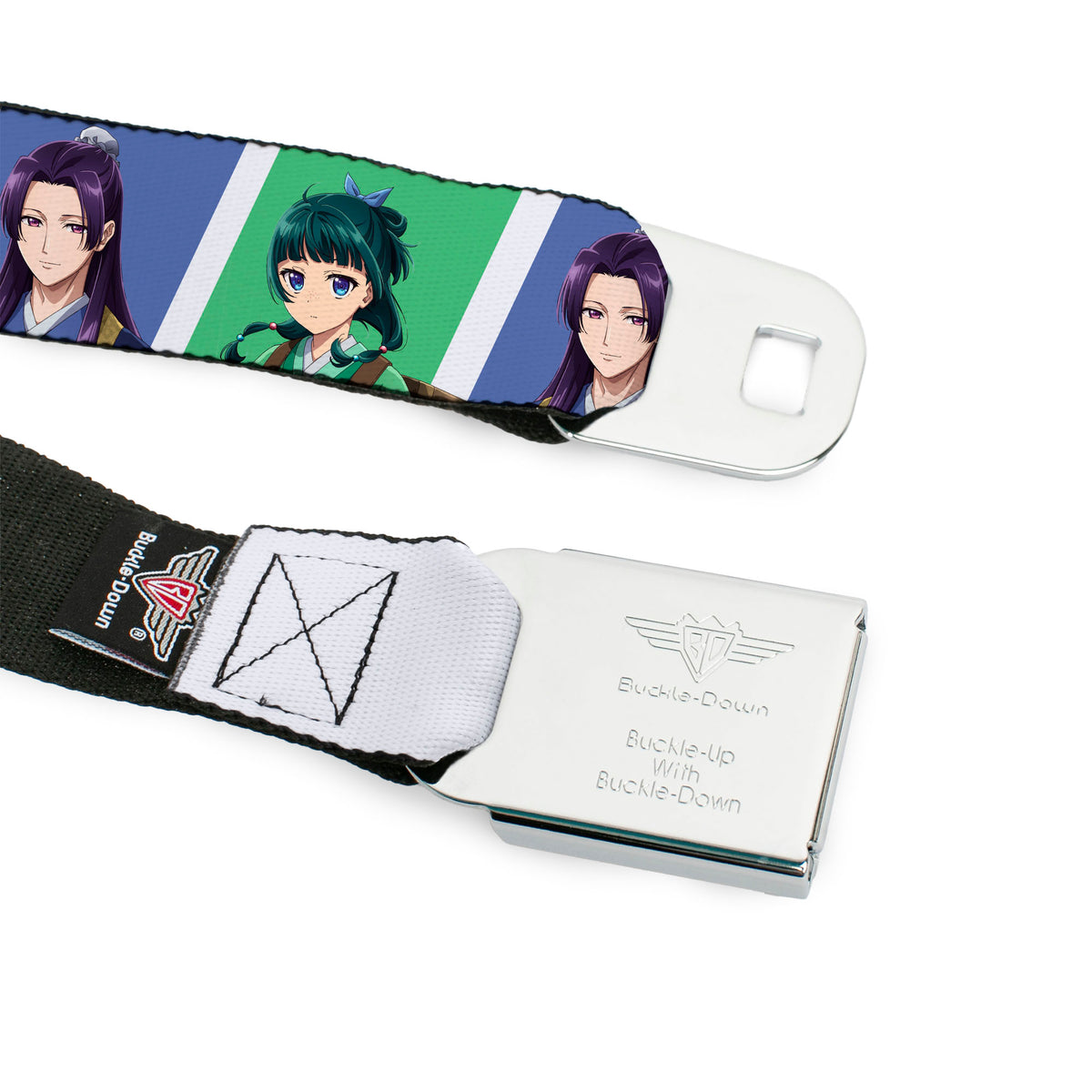 THE APOTHECARY DIARIES Title Logo Full Color Black/Red/White Seatbelt Belt - The Apothecary Diaries Jinshi and Maomao Pose Blocks White/Blue/Green Webbing Seatbelt Belts The Apothecary Diaries