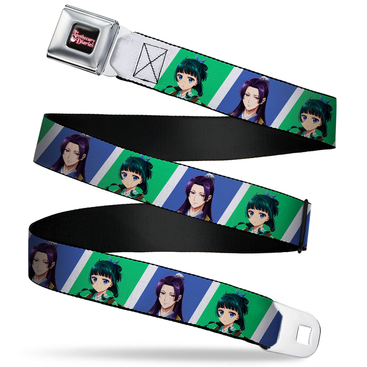 THE APOTHECARY DIARIES Title Logo Full Color Black/Red/White Seatbelt Belt - The Apothecary Diaries Jinshi and Maomao Pose Blocks White/Blue/Green Webbing Seatbelt Belts The Apothecary Diaries