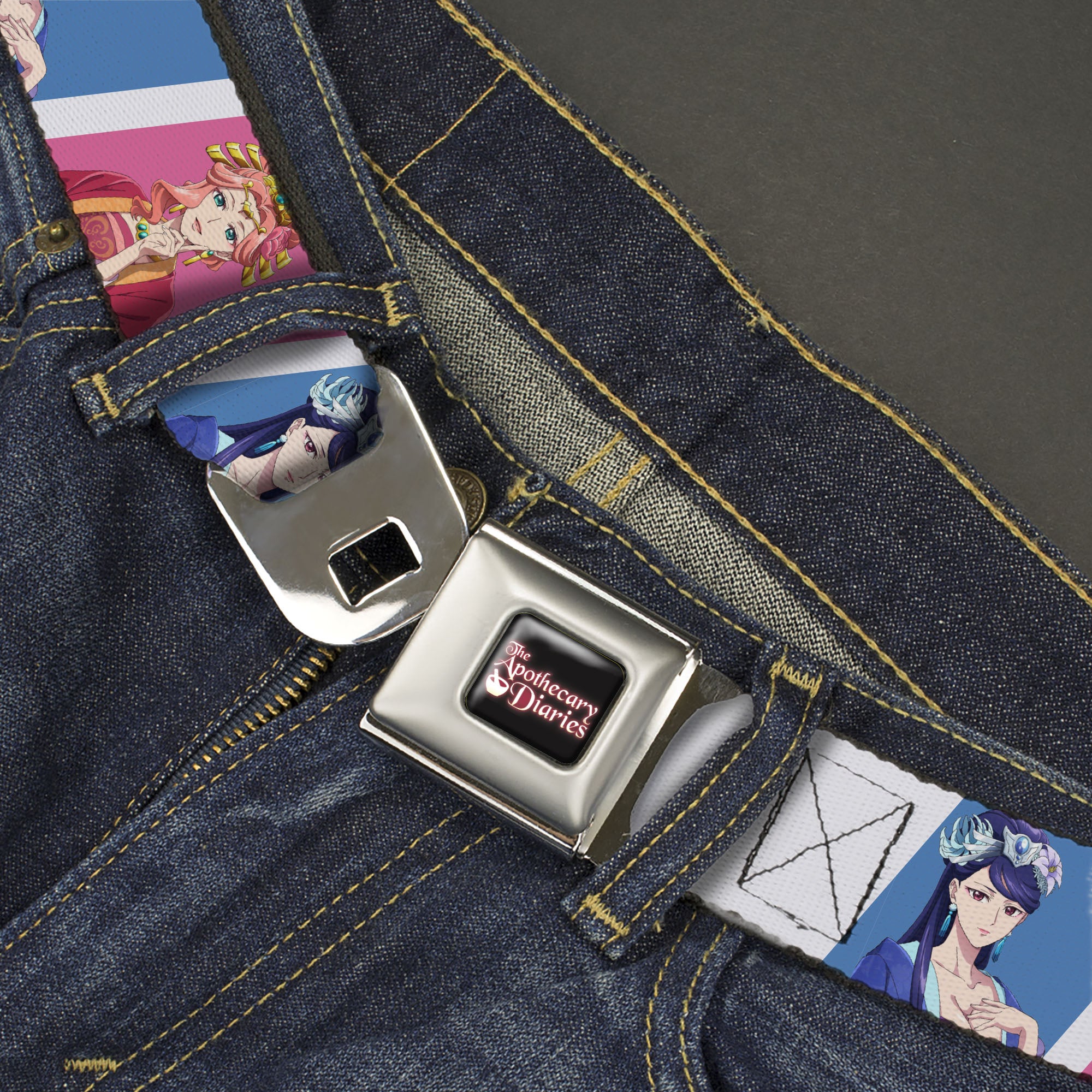 THE APOTHECARY DIARIES Title Logo Full Color Black/Red/White Seatbelt Belt - The Apothecary Diaries Gyokuyo and Lihua Pose Blocks White/Pink/Blue Webbing Seatbelt Belts The Apothecary Diaries