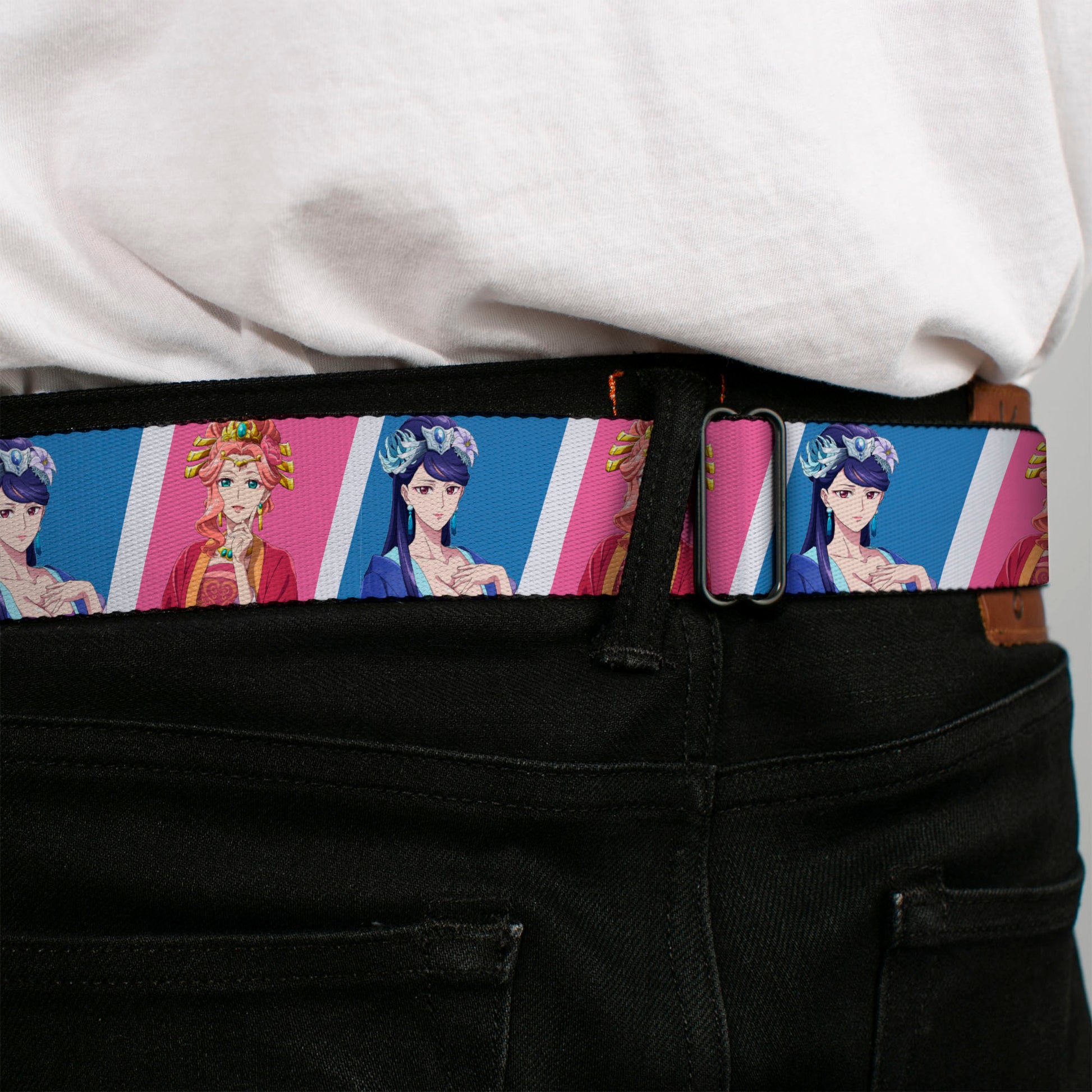 THE APOTHECARY DIARIES Title Logo Full Color Black/Red/White Seatbelt Belt - The Apothecary Diaries Gyokuyo and Lihua Pose Blocks White/Pink/Blue Webbing Seatbelt Belts The Apothecary Diaries