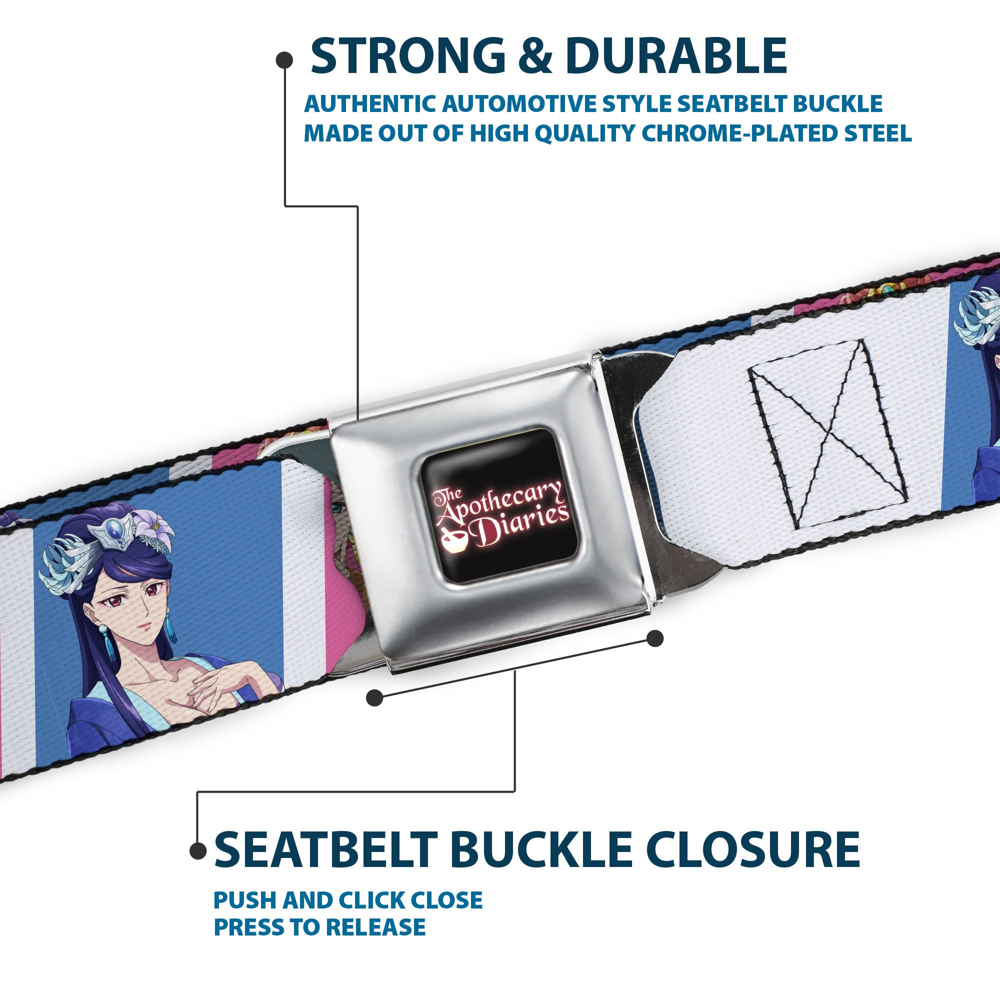 THE APOTHECARY DIARIES Title Logo Full Color Black/Red/White Seatbelt Belt - The Apothecary Diaries Gyokuyo and Lihua Pose Blocks White/Pink/Blue Webbing Seatbelt Belts The Apothecary Diaries