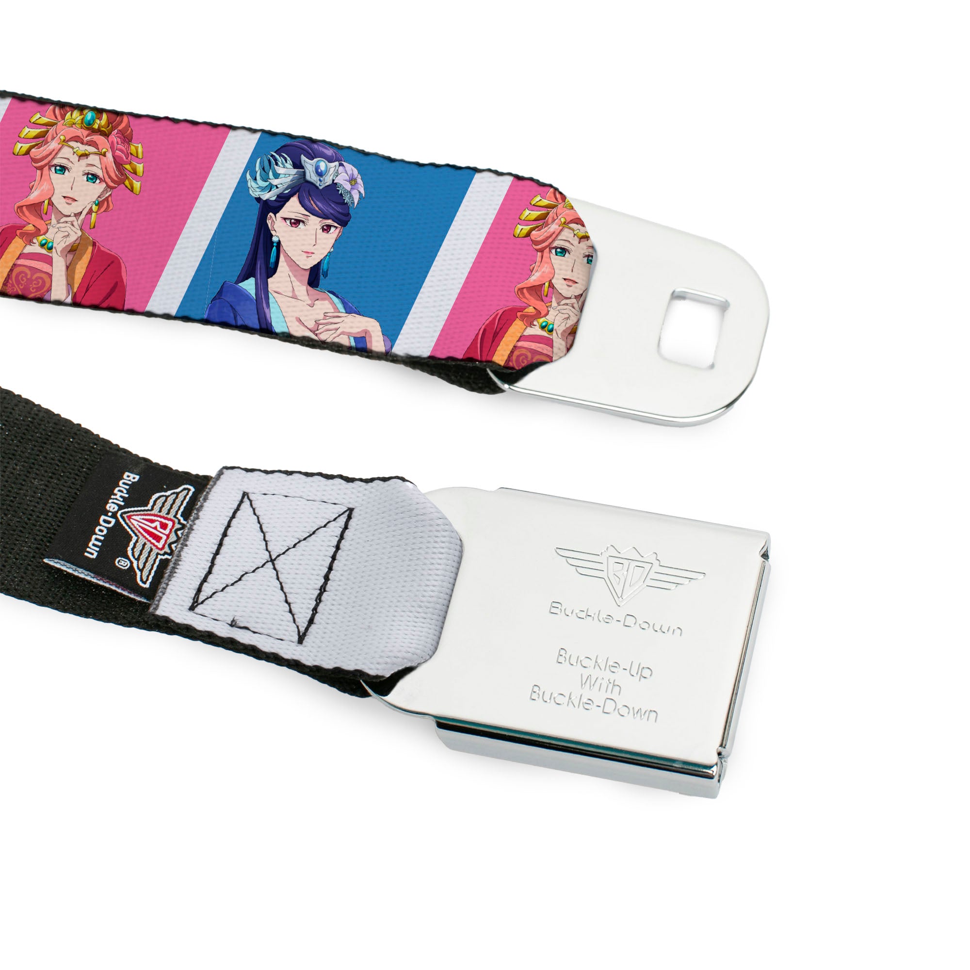 THE APOTHECARY DIARIES Title Logo Full Color Black/Red/White Seatbelt Belt - The Apothecary Diaries Gyokuyo and Lihua Pose Blocks White/Pink/Blue Webbing Seatbelt Belts The Apothecary Diaries