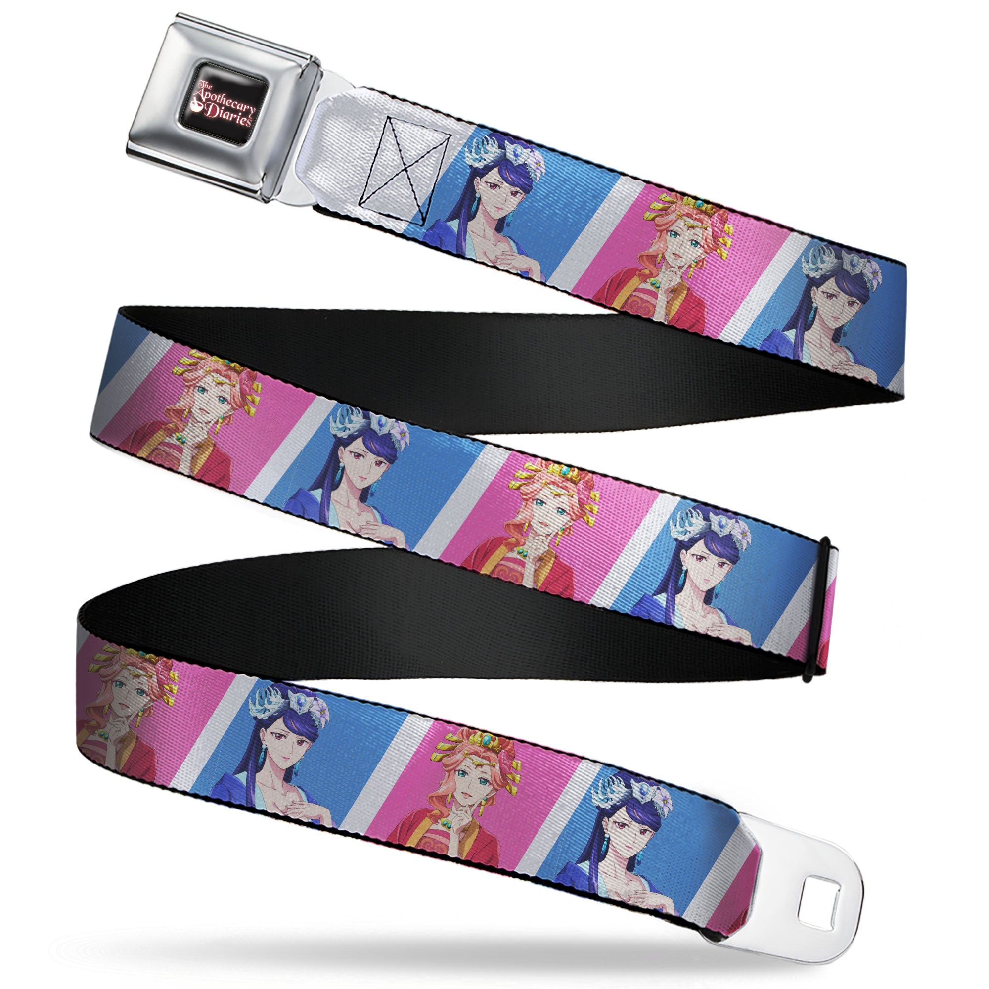 THE APOTHECARY DIARIES Title Logo Full Color Black/Red/White Seatbelt Belt - The Apothecary Diaries Gyokuyo and Lihua Pose Blocks White/Pink/Blue Webbing Seatbelt Belts The Apothecary Diaries