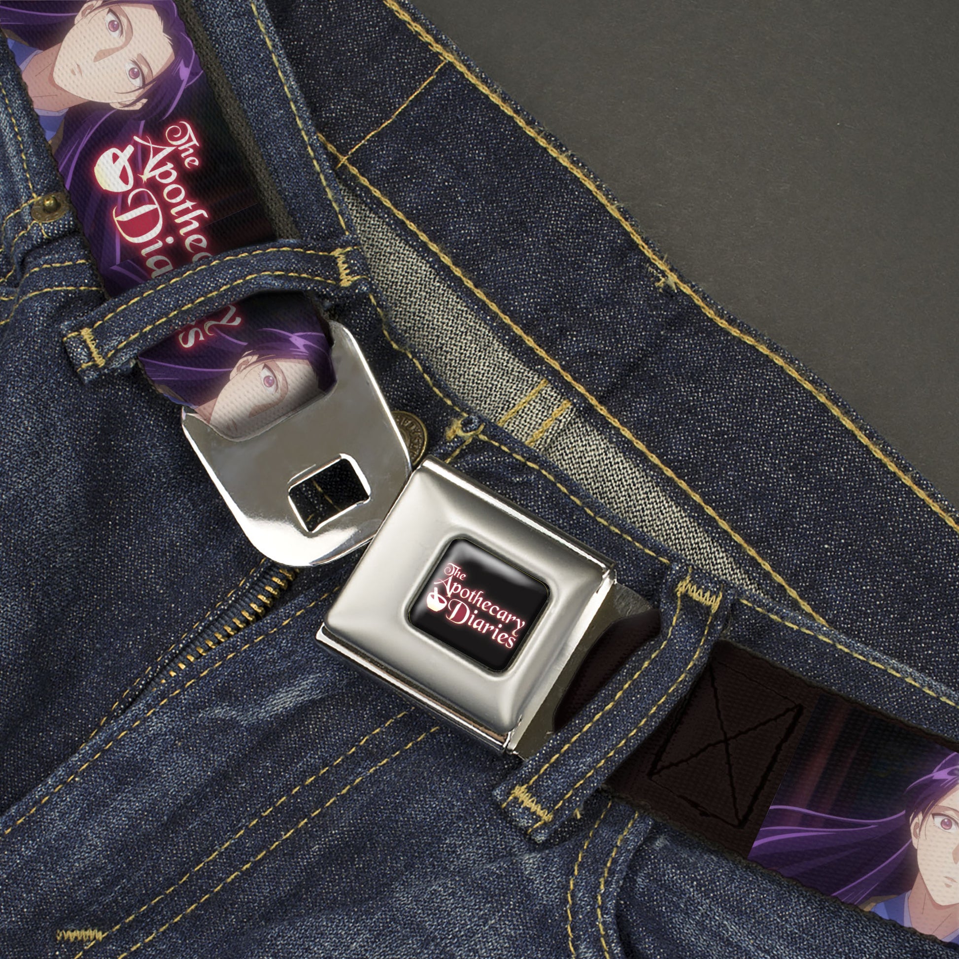 THE APOTHECARY DIARIES Title Logo Full Color Black/Red/White Seatbelt Belt - THE APOTHECARY DIARIES Jinshi Pose and Title Logo Black Webbing Seatbelt Belts The Apothecary Diaries