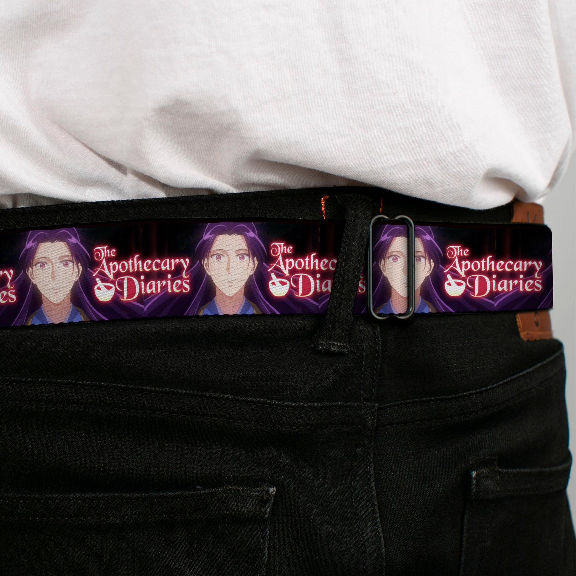 THE APOTHECARY DIARIES Title Logo Full Color Black/Red/White Seatbelt Belt - THE APOTHECARY DIARIES Jinshi Pose and Title Logo Black Webbing Seatbelt Belts The Apothecary Diaries