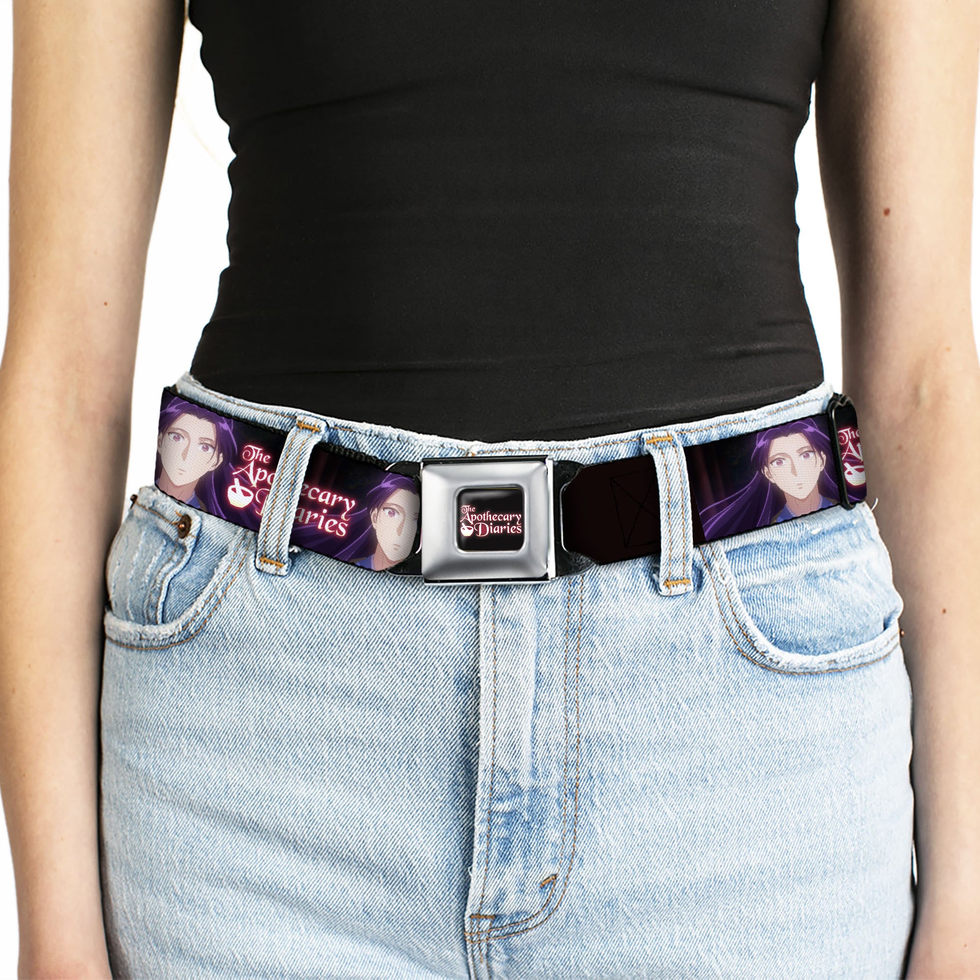 THE APOTHECARY DIARIES Title Logo Full Color Black/Red/White Seatbelt Belt - THE APOTHECARY DIARIES Jinshi Pose and Title Logo Black Webbing Seatbelt Belts The Apothecary Diaries