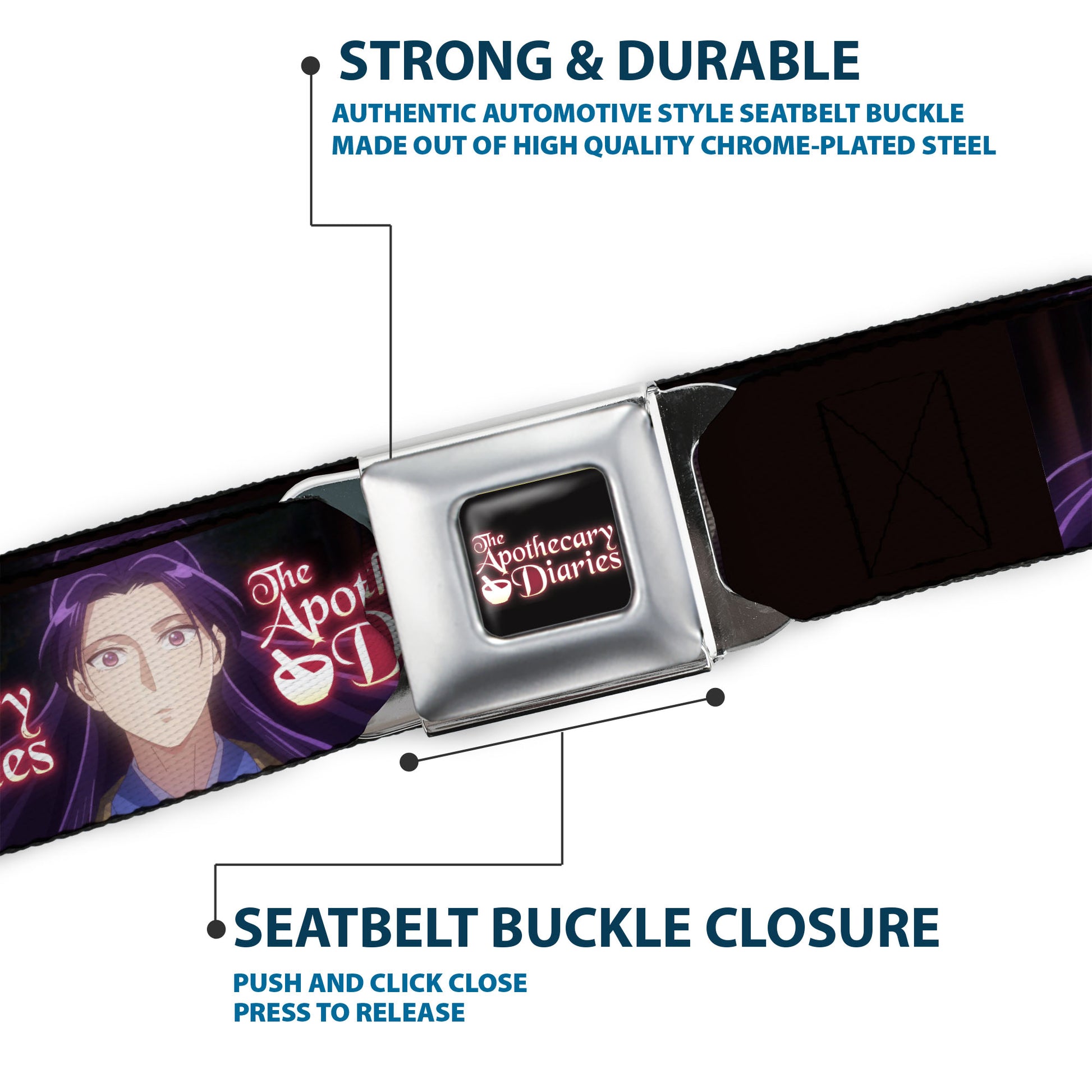 THE APOTHECARY DIARIES Title Logo Full Color Black/Red/White Seatbelt Belt - THE APOTHECARY DIARIES Jinshi Pose and Title Logo Black Webbing Seatbelt Belts The Apothecary Diaries