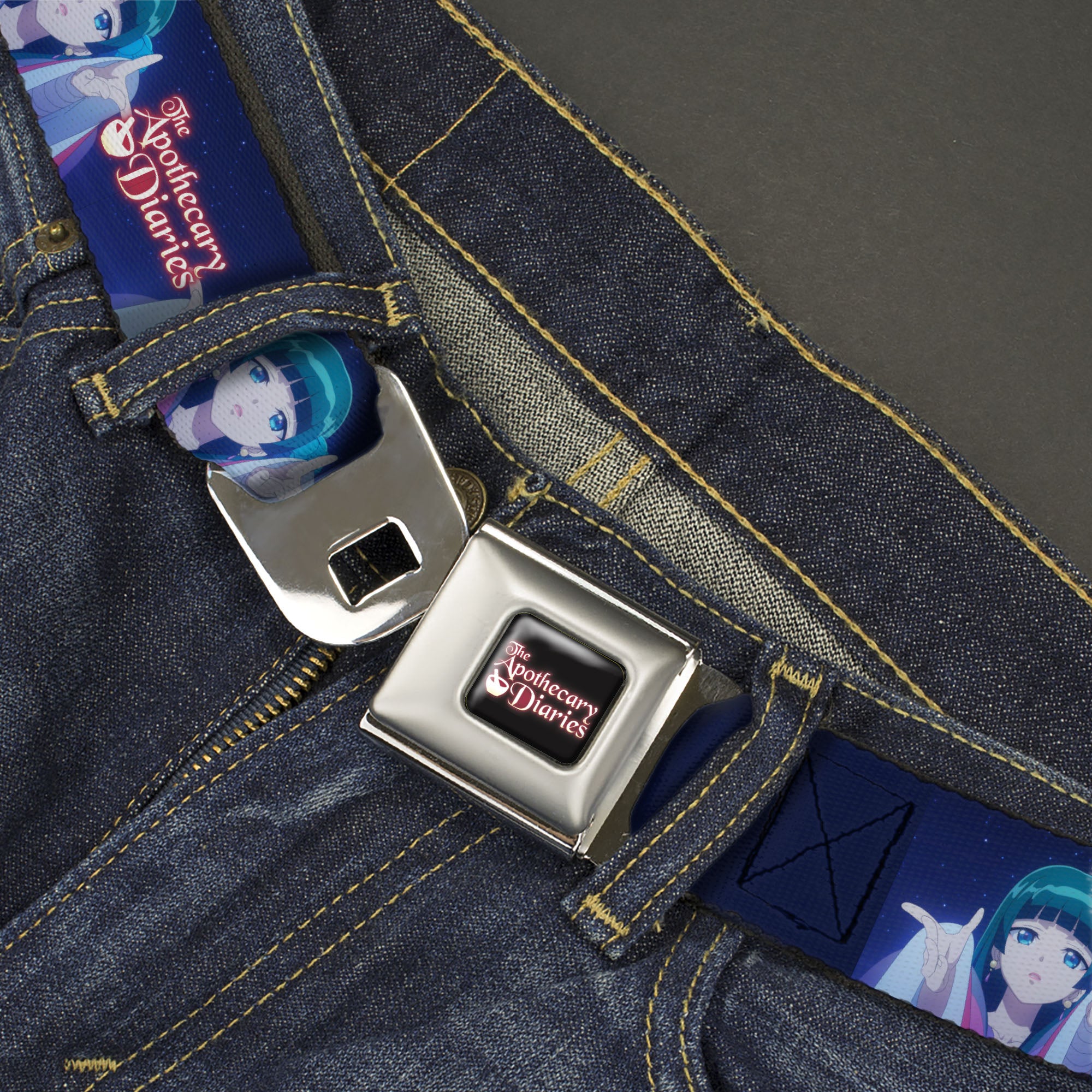 THE APOTHECARY DIARIES Title Logo Full Color Black/Red/White Seatbelt Belt - THE APOTHECARY DIARIES Maomao Hands Out Pose and Title Logo Purples Webbing Seatbelt Belts The Apothecary Diaries