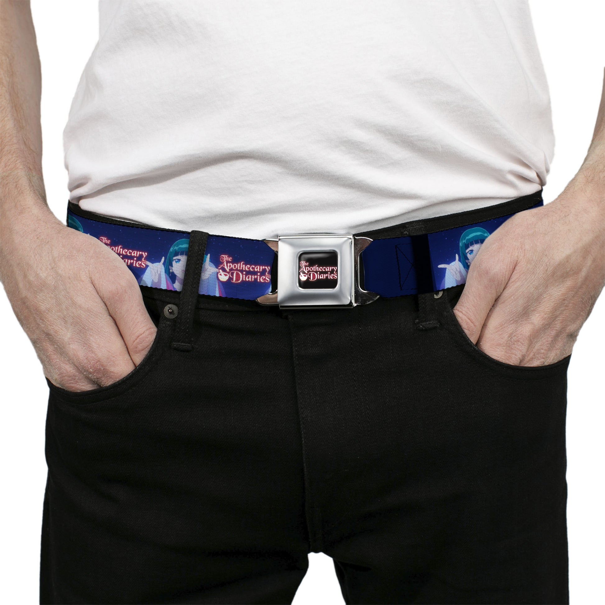 THE APOTHECARY DIARIES Title Logo Full Color Black/Red/White Seatbelt Belt - THE APOTHECARY DIARIES Maomao Hands Out Pose and Title Logo Purples Webbing Seatbelt Belts The Apothecary Diaries