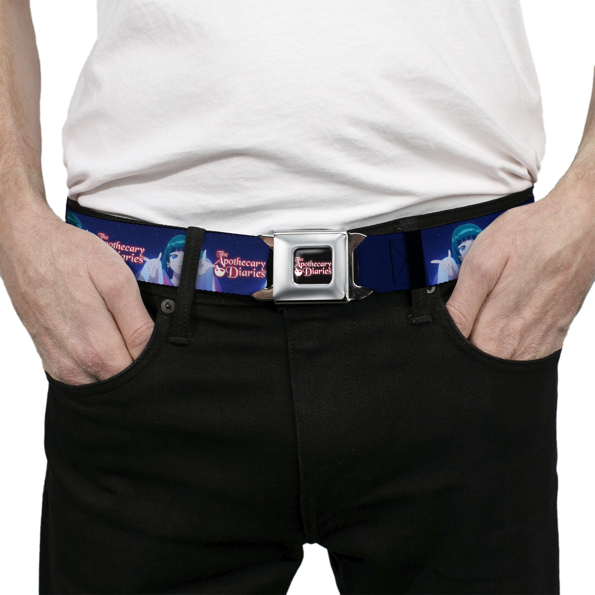 THE APOTHECARY DIARIES Title Logo Full Color Black/Red/White Seatbelt Belt - THE APOTHECARY DIARIES Maomao Hands Out Pose and Title Logo Purples Webbing Seatbelt Belts The Apothecary Diaries
