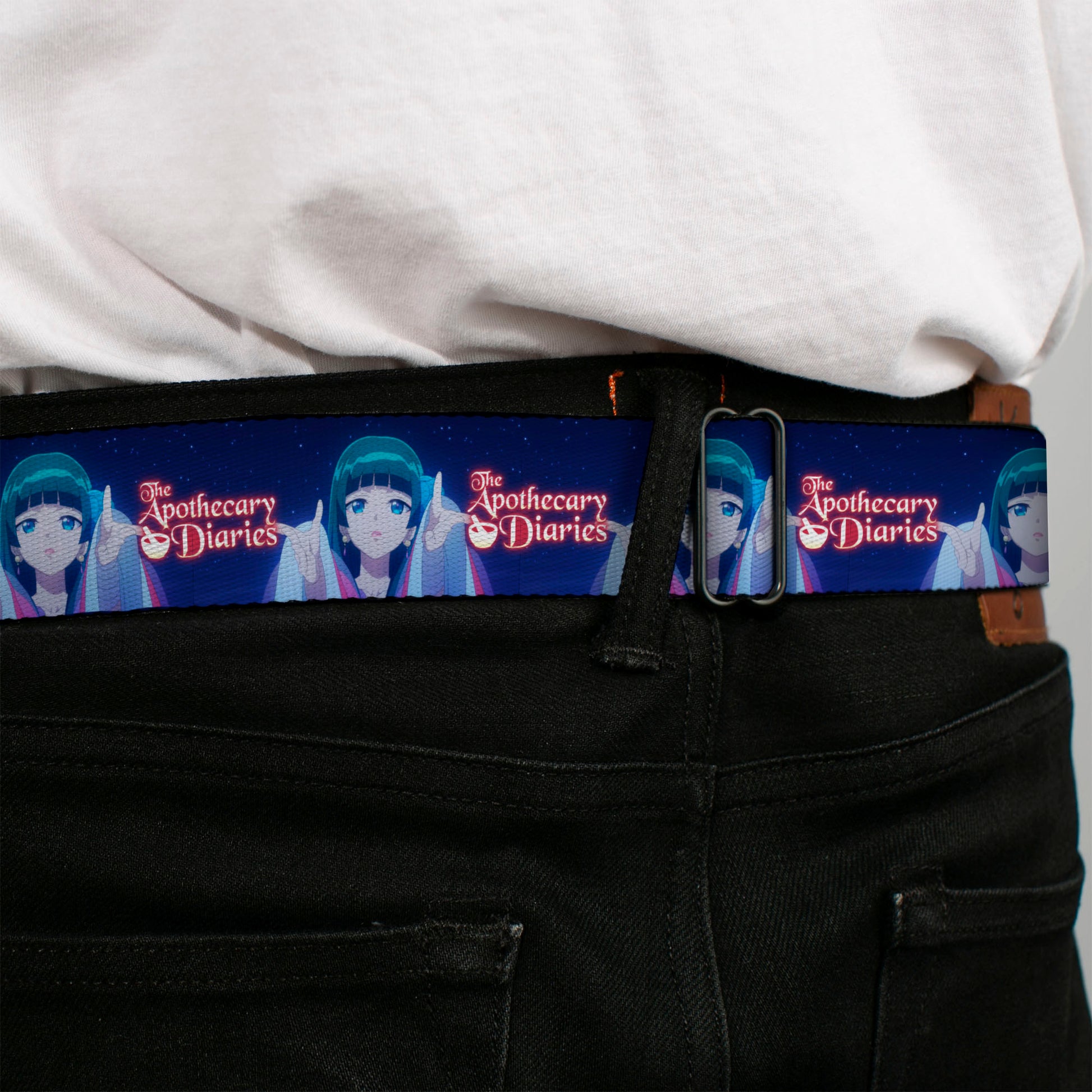 THE APOTHECARY DIARIES Title Logo Full Color Black/Red/White Seatbelt Belt - THE APOTHECARY DIARIES Maomao Hands Out Pose and Title Logo Purples Webbing Seatbelt Belts The Apothecary Diaries