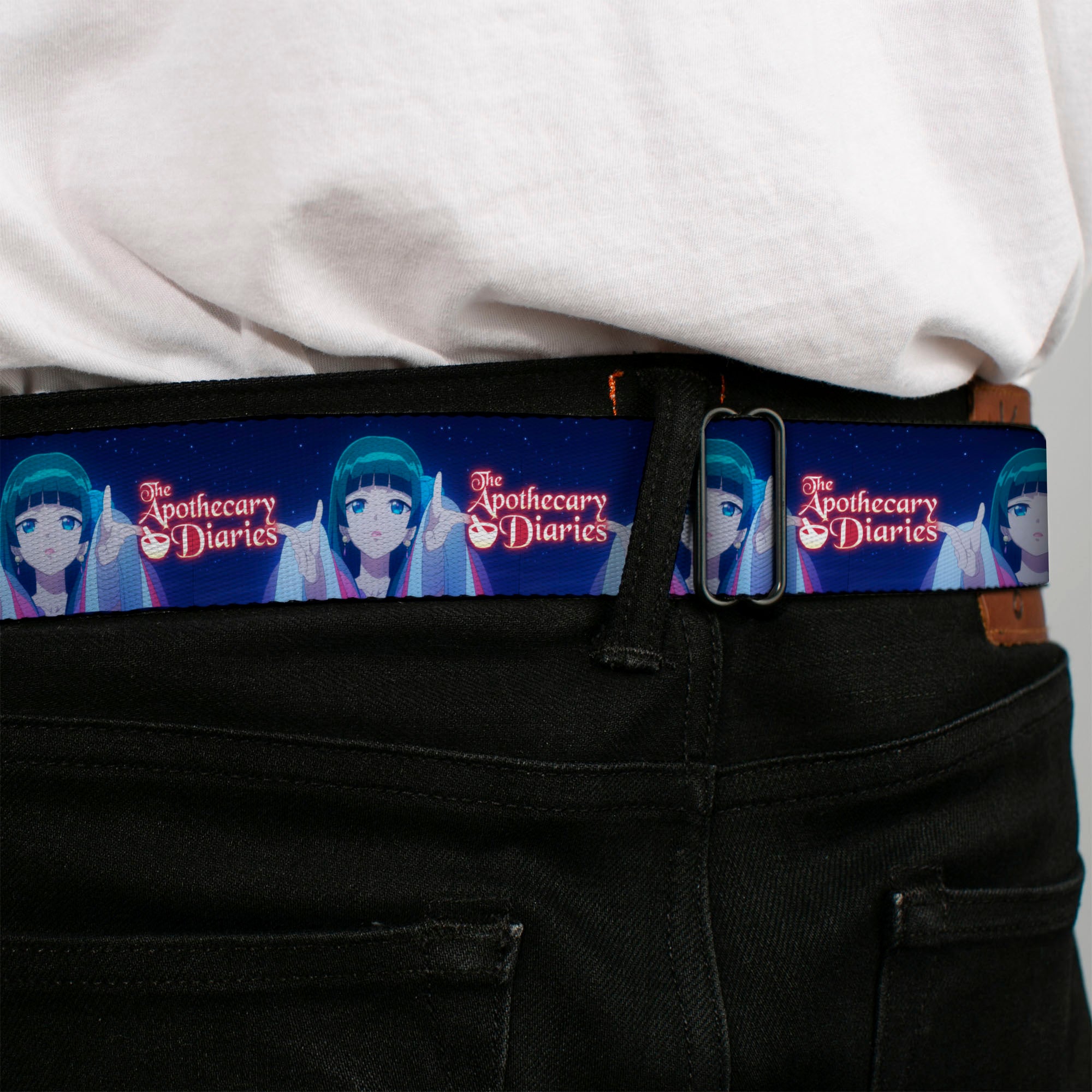 THE APOTHECARY DIARIES Title Logo Full Color Black/Red/White Seatbelt Belt - THE APOTHECARY DIARIES Maomao Hands Out Pose and Title Logo Purples Webbing Seatbelt Belts The Apothecary Diaries