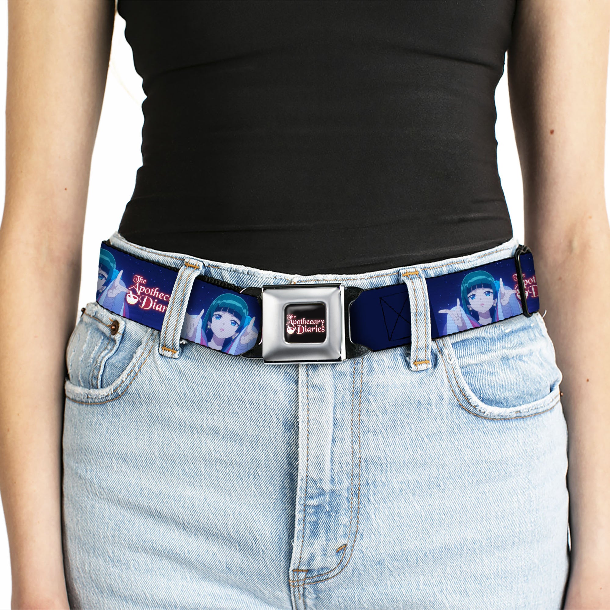 THE APOTHECARY DIARIES Title Logo Full Color Black/Red/White Seatbelt Belt - THE APOTHECARY DIARIES Maomao Hands Out Pose and Title Logo Purples Webbing Seatbelt Belts The Apothecary Diaries