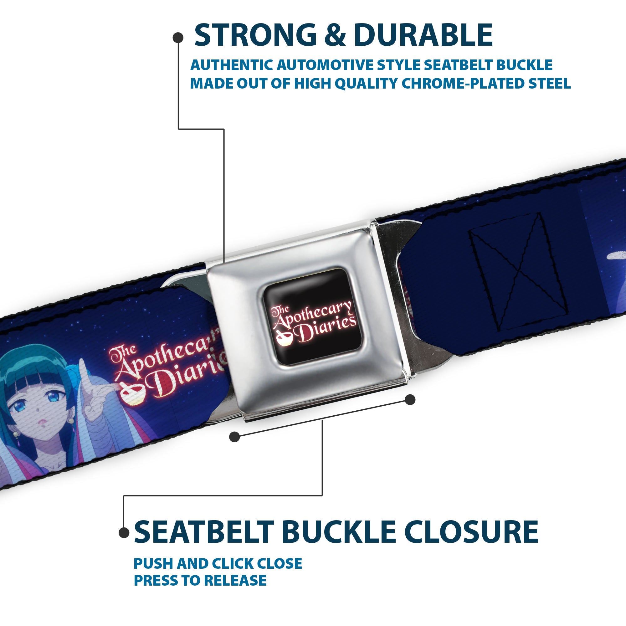 THE APOTHECARY DIARIES Title Logo Full Color Black/Red/White Seatbelt Belt - THE APOTHECARY DIARIES Maomao Hands Out Pose and Title Logo Purples Webbing Seatbelt Belts The Apothecary Diaries