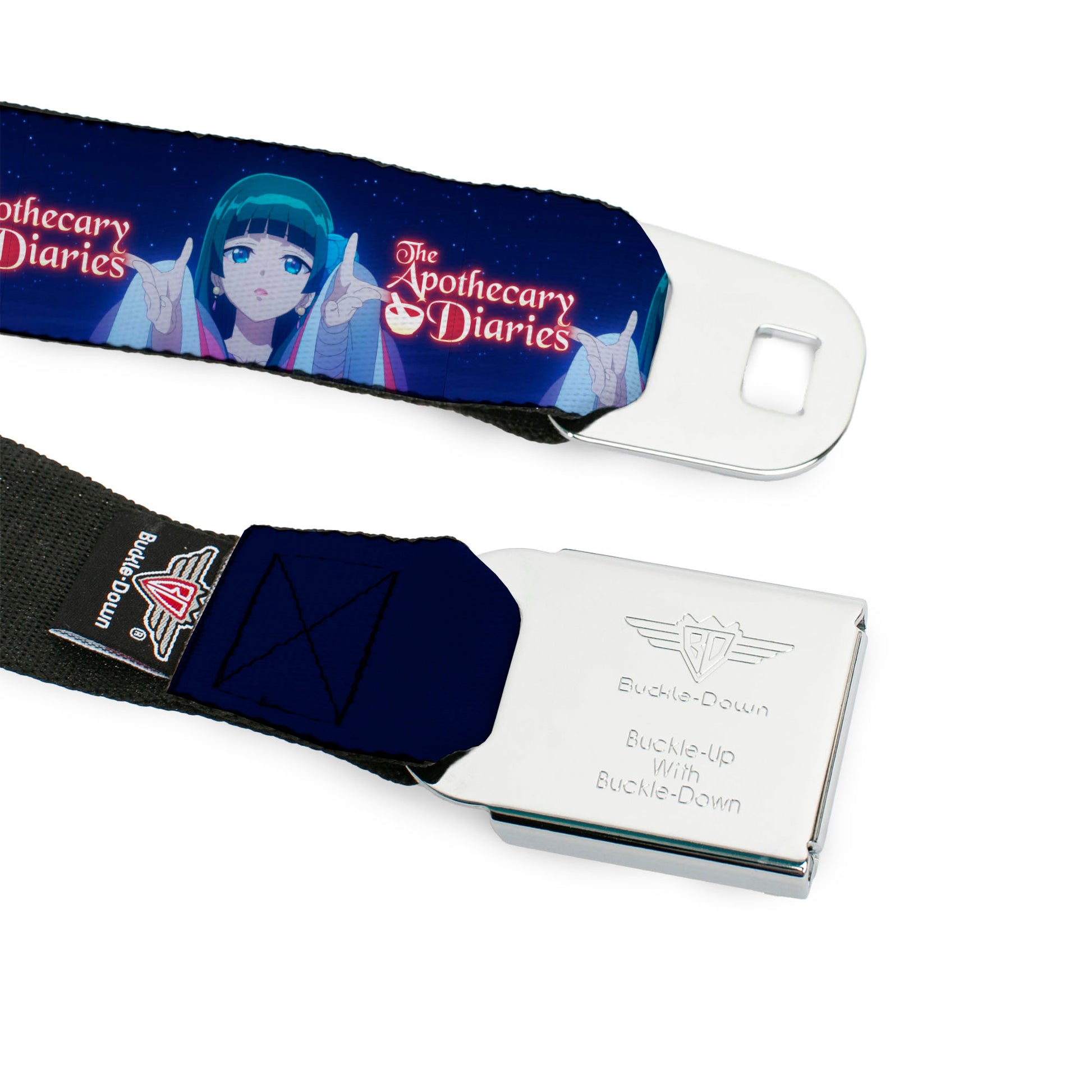 THE APOTHECARY DIARIES Title Logo Full Color Black/Red/White Seatbelt Belt - THE APOTHECARY DIARIES Maomao Hands Out Pose and Title Logo Purples Webbing Seatbelt Belts The Apothecary Diaries