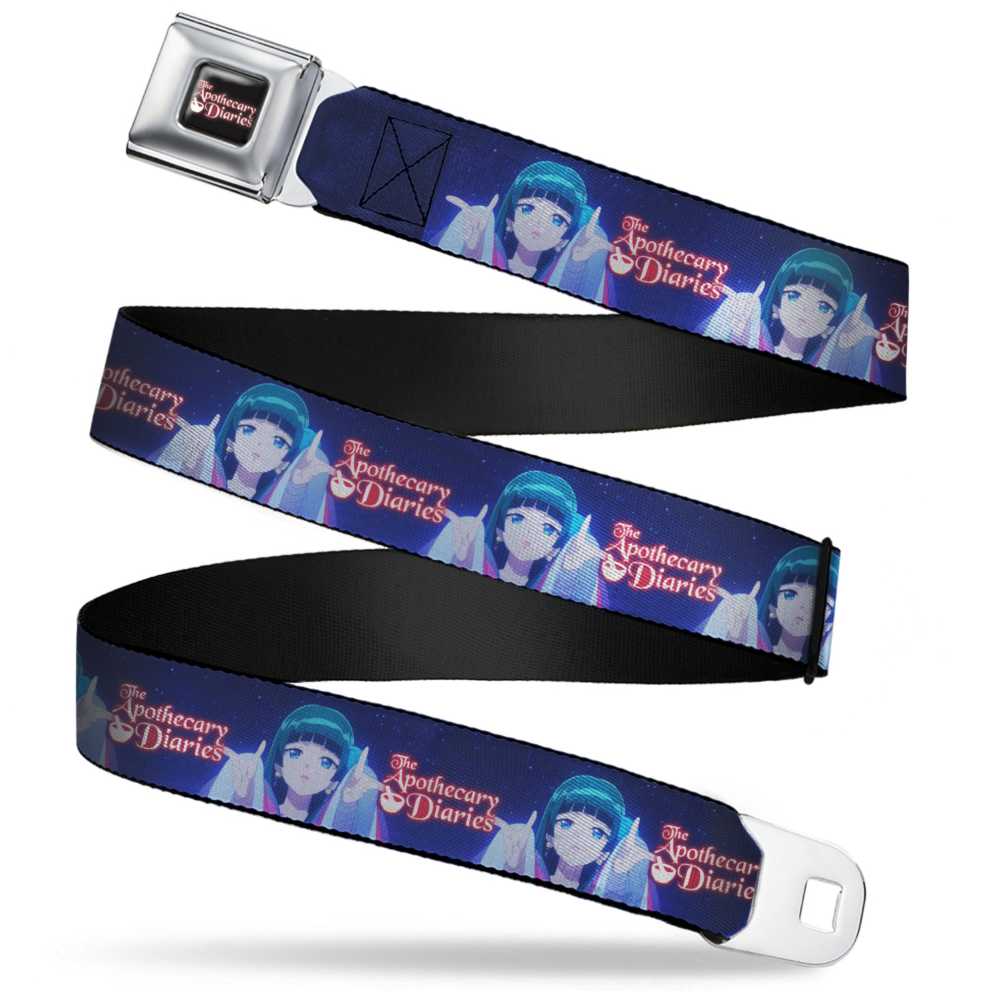 THE APOTHECARY DIARIES Title Logo Full Color Black/Red/White Seatbelt Belt - THE APOTHECARY DIARIES Maomao Hands Out Pose and Title Logo Purples Webbing Seatbelt Belts The Apothecary Diaries
