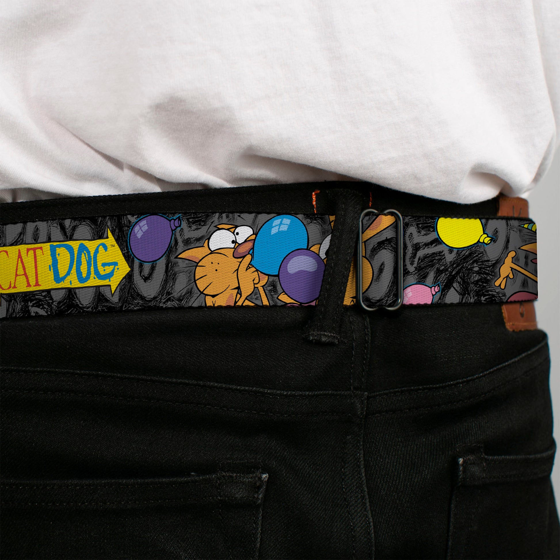 Dog & Cat Pose Full Color Seatbelt Belt - CatDog Party/Balloons/CATDOG Logo Gray/Black/Multi Color Webbing Seatbelt Belts CatDog