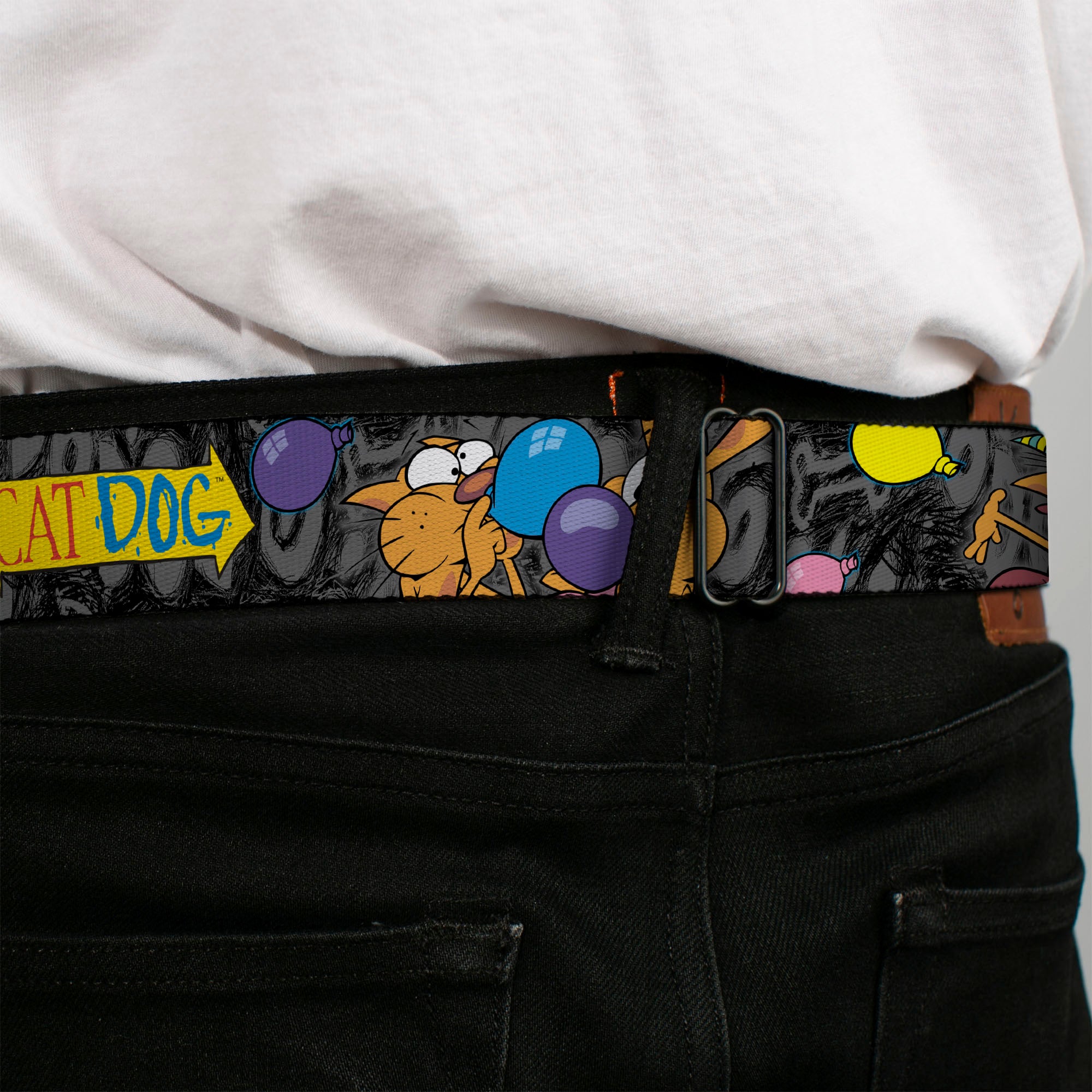 Dog & Cat Pose Full Color Seatbelt Belt - CatDog Party/Balloons/CATDOG Logo Gray/Black/Multi Color Webbing Seatbelt Belts CatDog