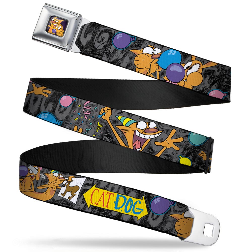 Dog & Cat Pose Full Color Seatbelt Belt - CatDog Party/Balloons/CATDOG Logo Gray/Black/Multi Color Webbing Seatbelt Belts CatDog