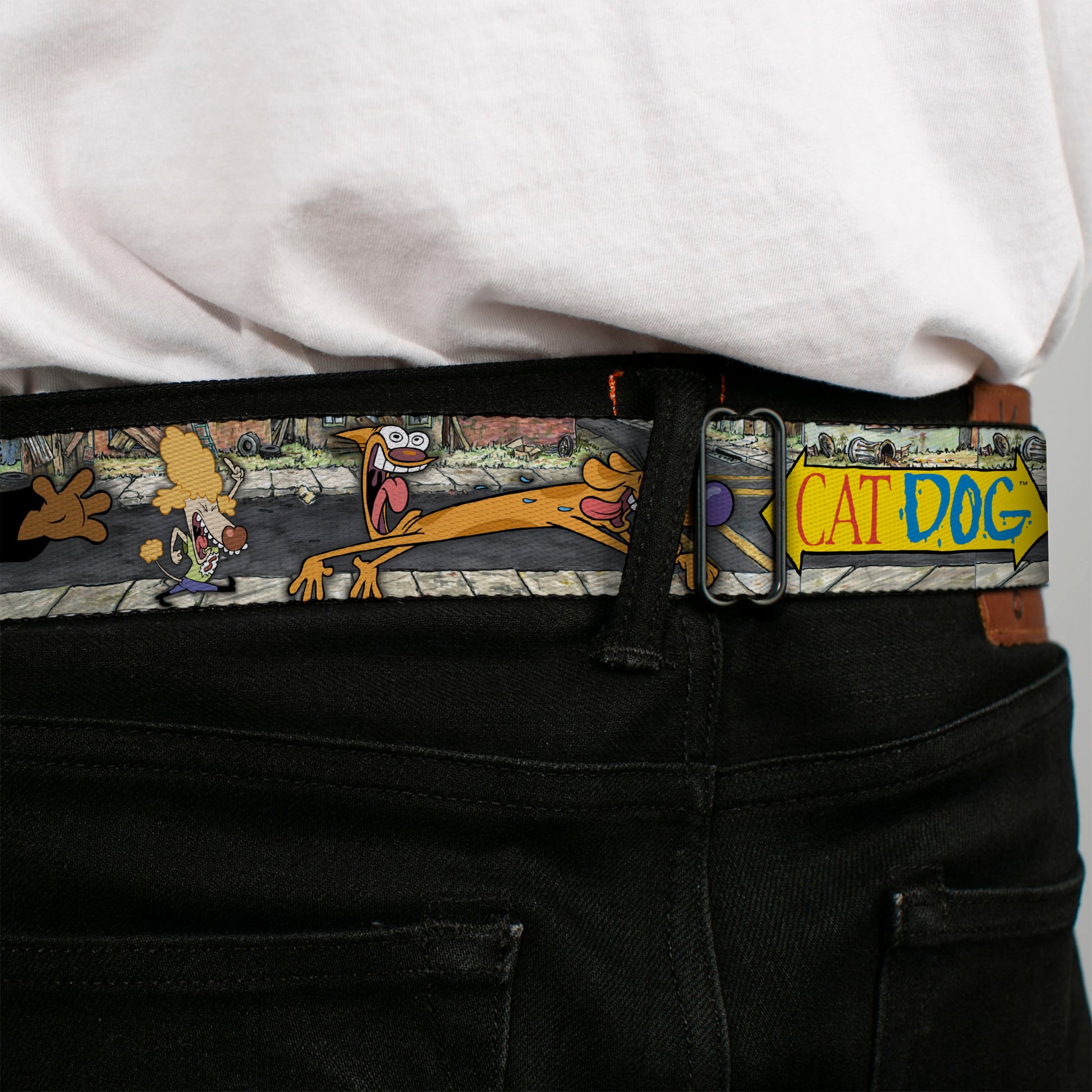 Dog & Cat Pose Full Color Seatbelt Belt - CATDOG Characters Running Webbing Seatbelt Belts CatDog