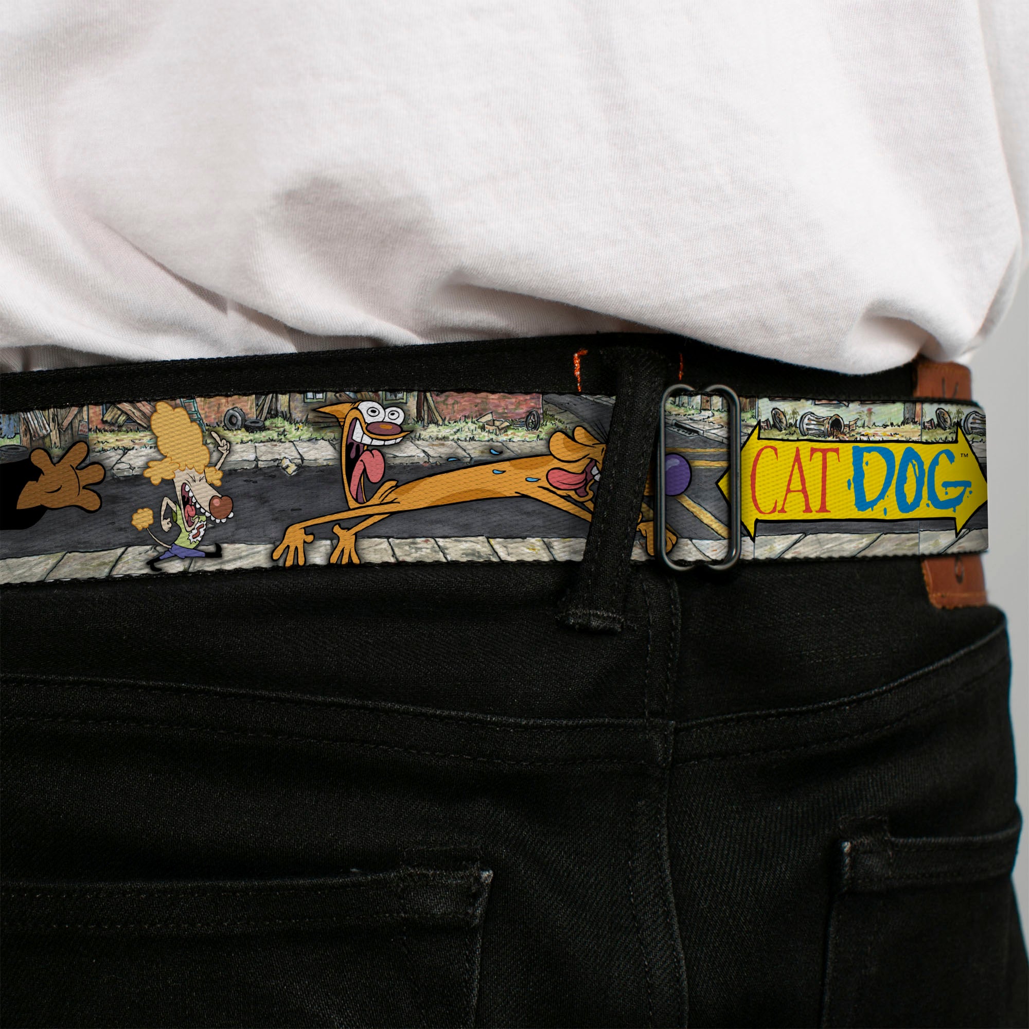 Dog & Cat Pose Full Color Seatbelt Belt - CATDOG Characters Running Webbing Seatbelt Belts CatDog