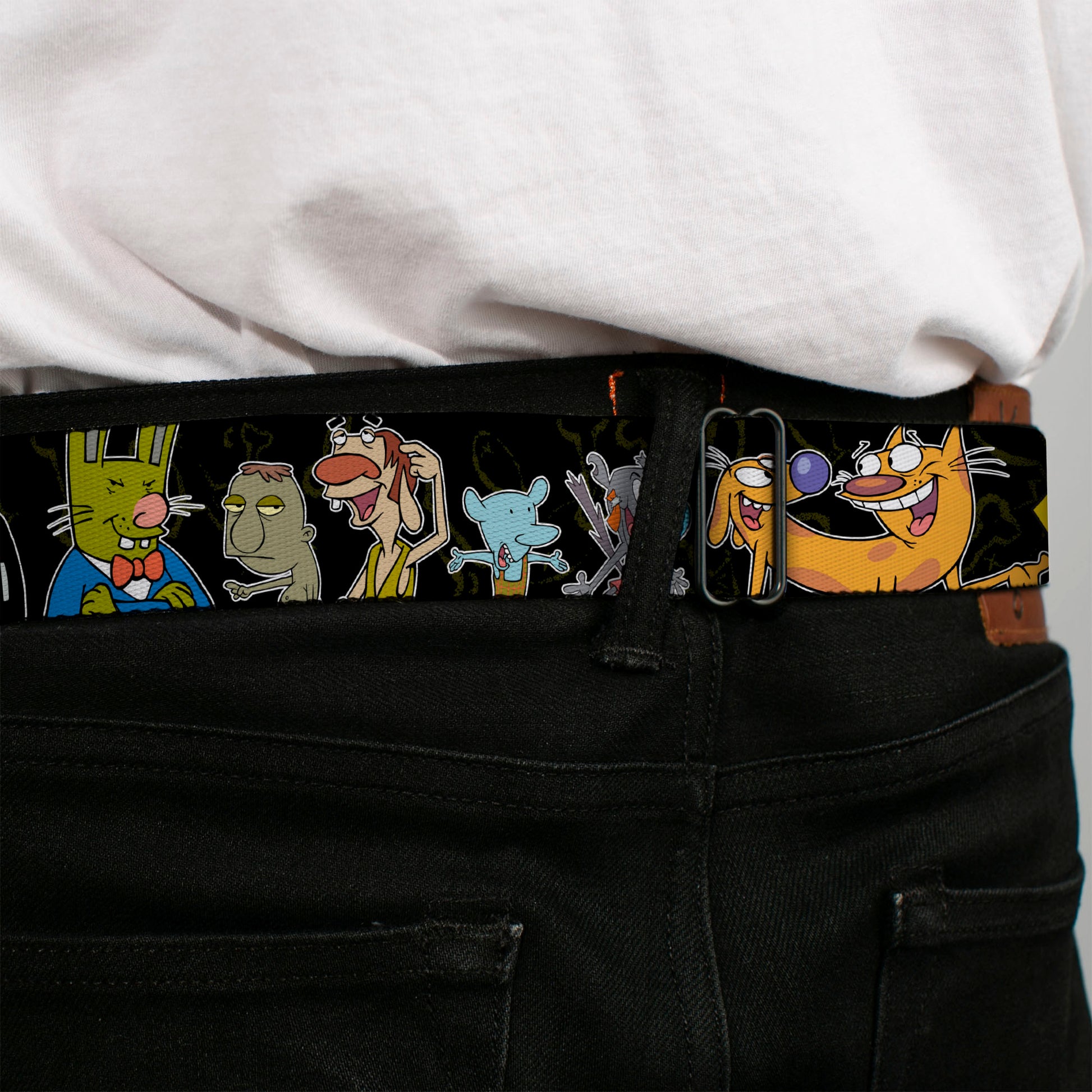 Dog & Cat Pose Full Color Seatbelt Belt - CATDOG Group Pose Black/Multi Color Webbing Seatbelt Belts CatDog