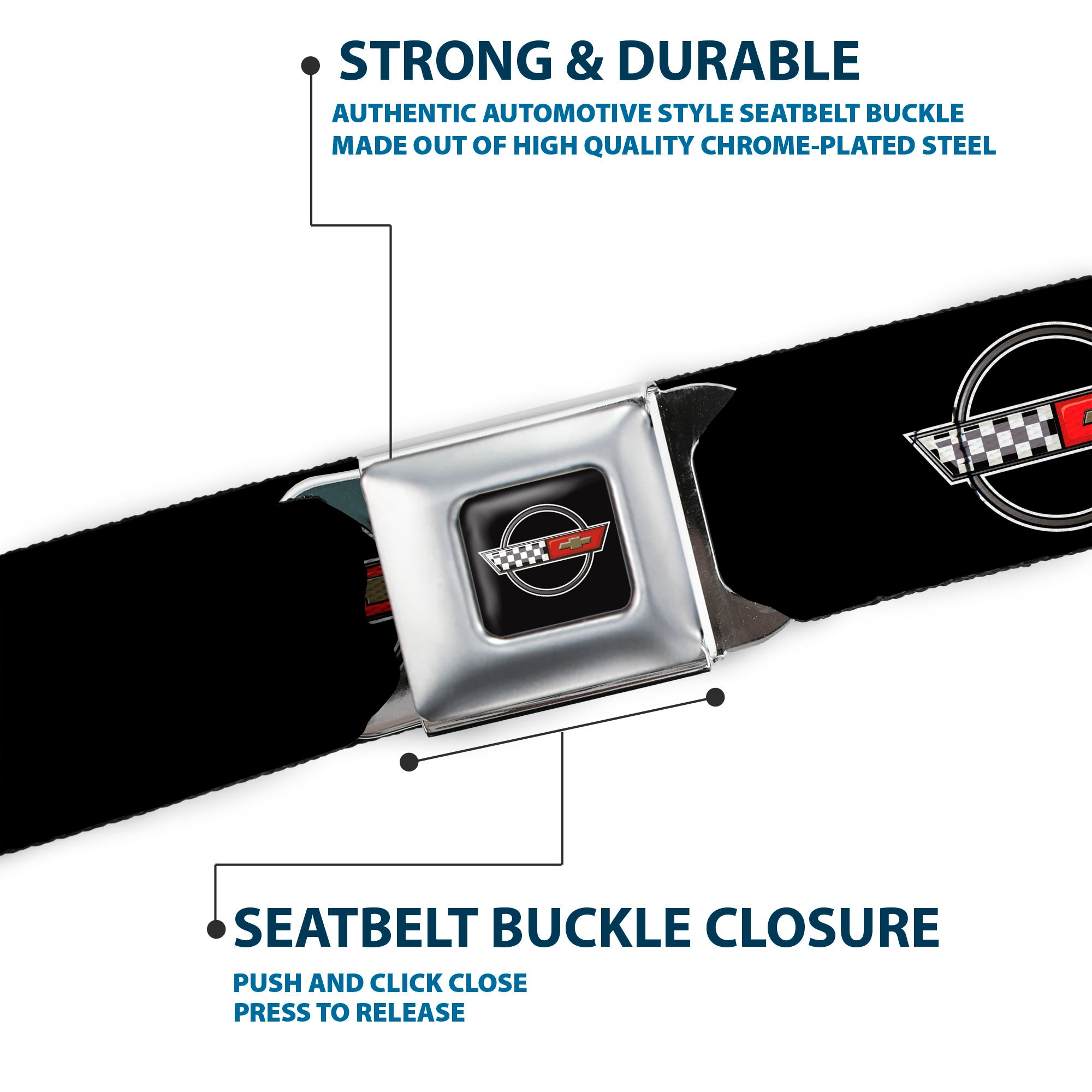 Corvette C4 Checker Bowtie Logo Full Color Black Seatbelt Belt - C4 Webbing Seatbelt Belts GM General Motors