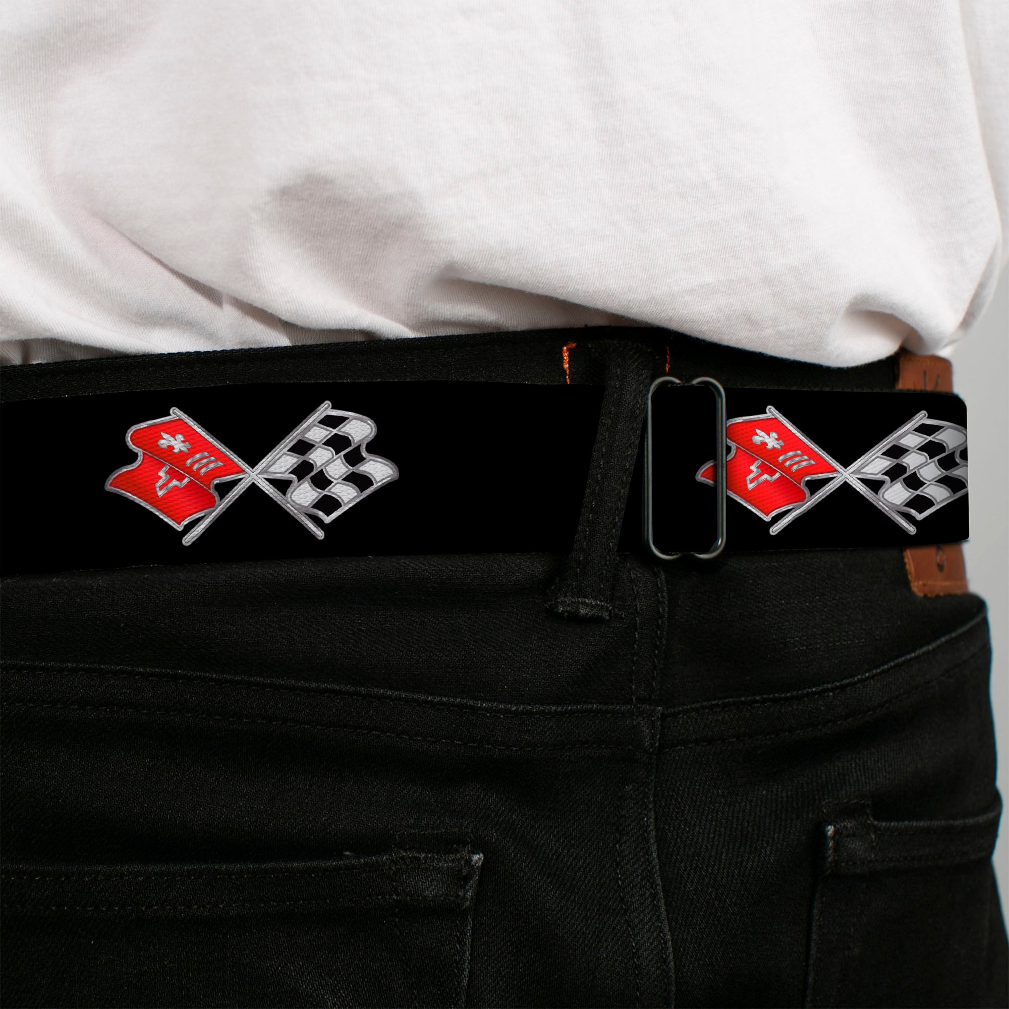 Corvette C3 Crossed Flags Logo Full Color Black Seatbelt Belt - C3 Webbing Seatbelt Belts GM General Motors