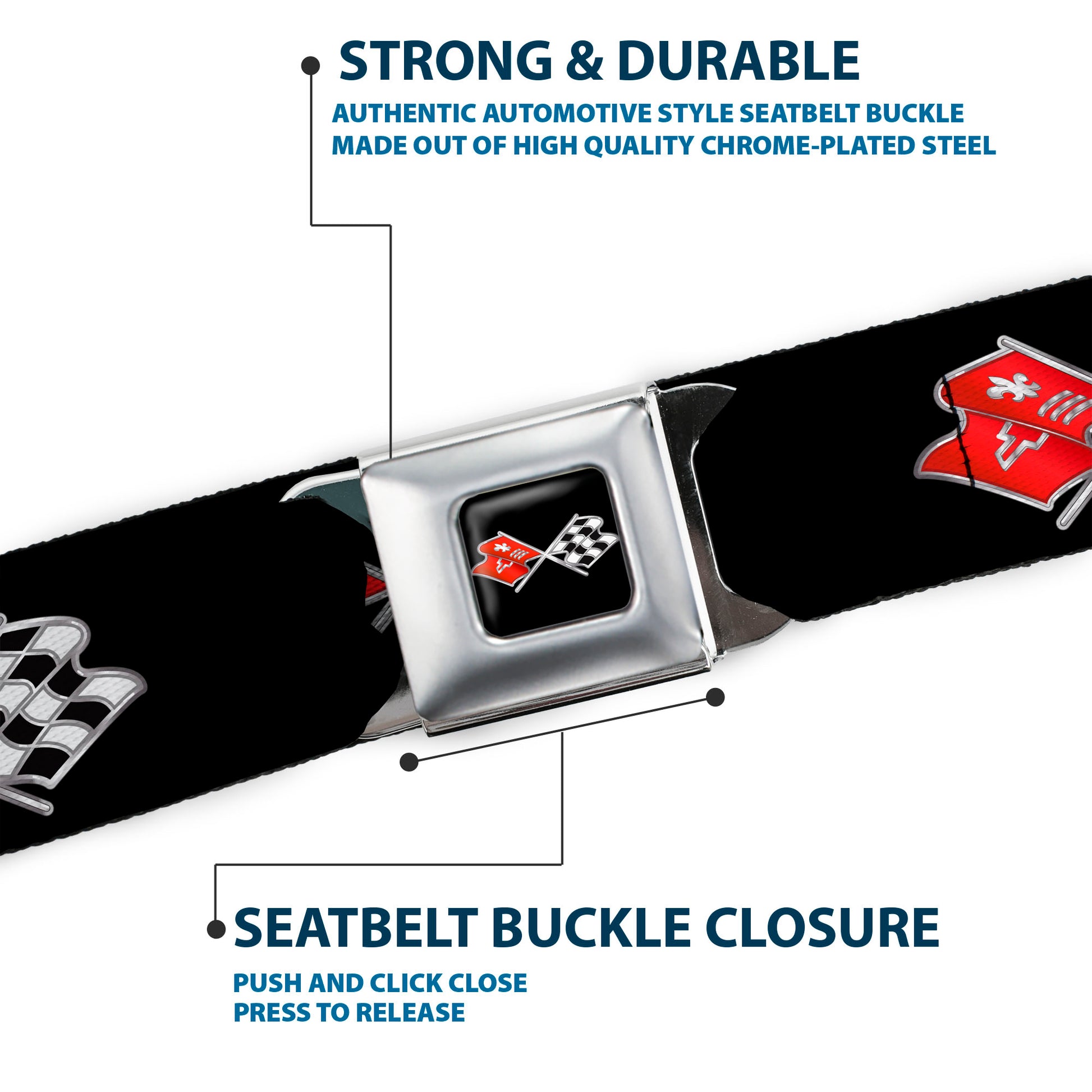 Corvette C3 Crossed Flags Logo Full Color Black Seatbelt Belt - C3 Webbing Seatbelt Belts GM General Motors