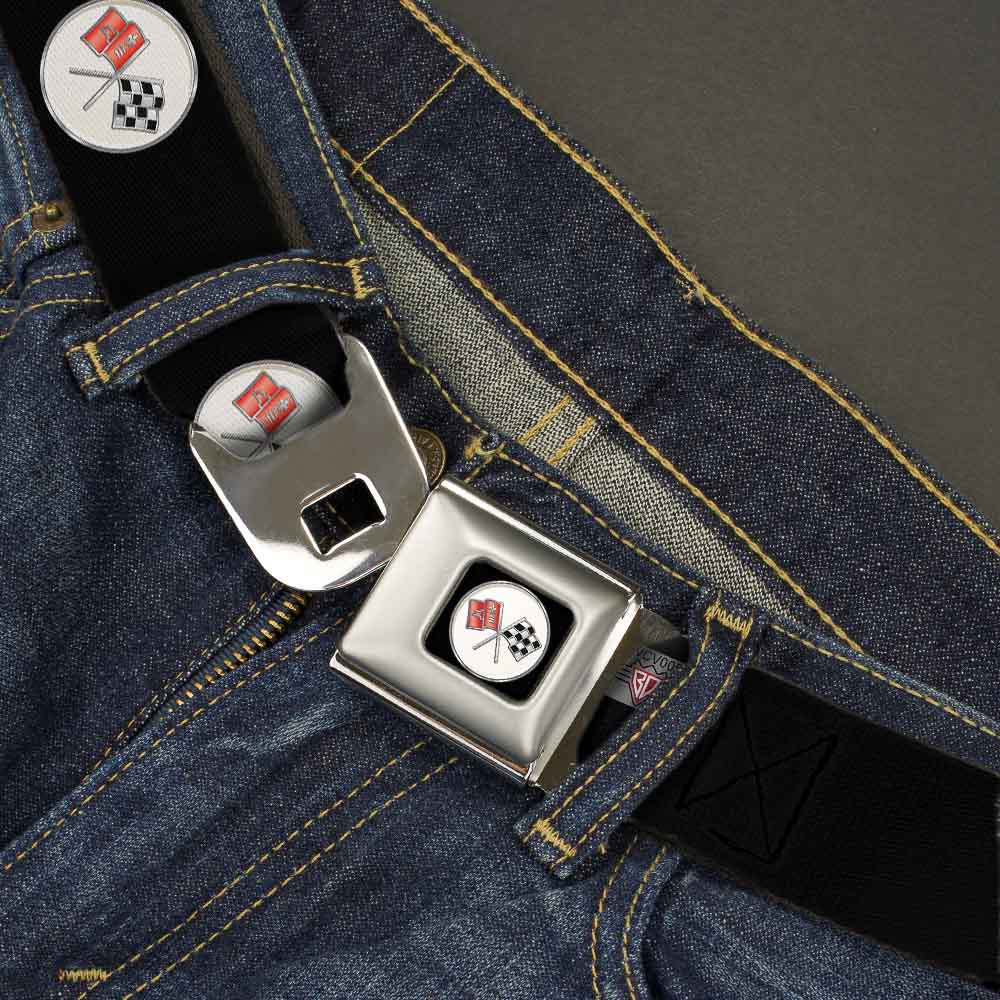 Corvette C2 Flags Logo Full Color Black Seatbelt Belt - Corvette C2 Flags Logo Repeat Webbing Seatbelt Belts GM General Motors