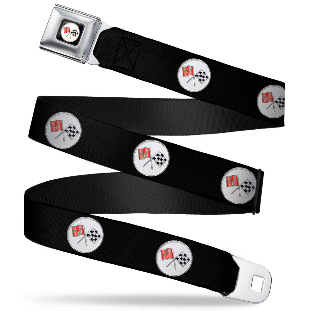 Corvette C2 Flags Logo Full Color Black Seatbelt Belt - Corvette C2 Flags Logo Repeat Webbing Seatbelt Belts GM General Motors