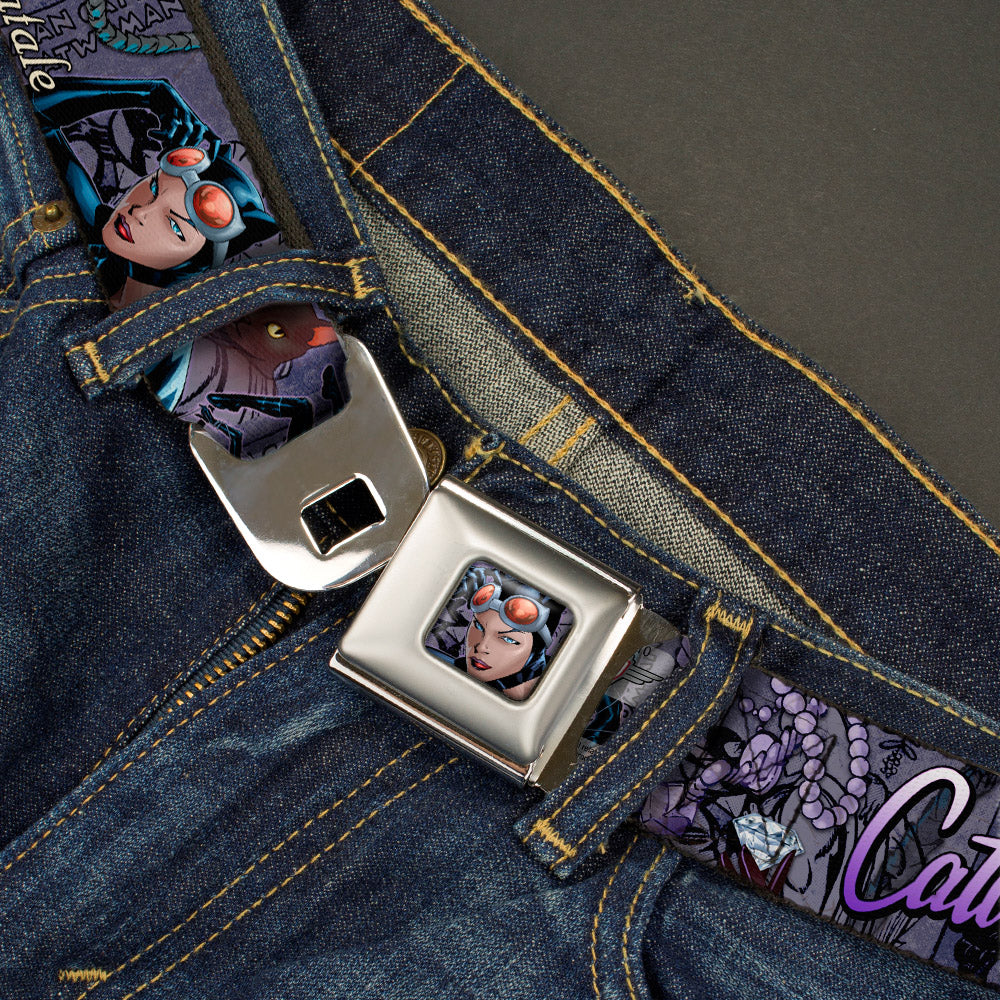 Catwoman Face Full Color Purple Seatbelt Belt - CATWOMAN-NINE LIVES OF A FELINE FATALE Pose2/Jewelry/Black Cat Purples Webbing Seatbelt Belts DC Comics