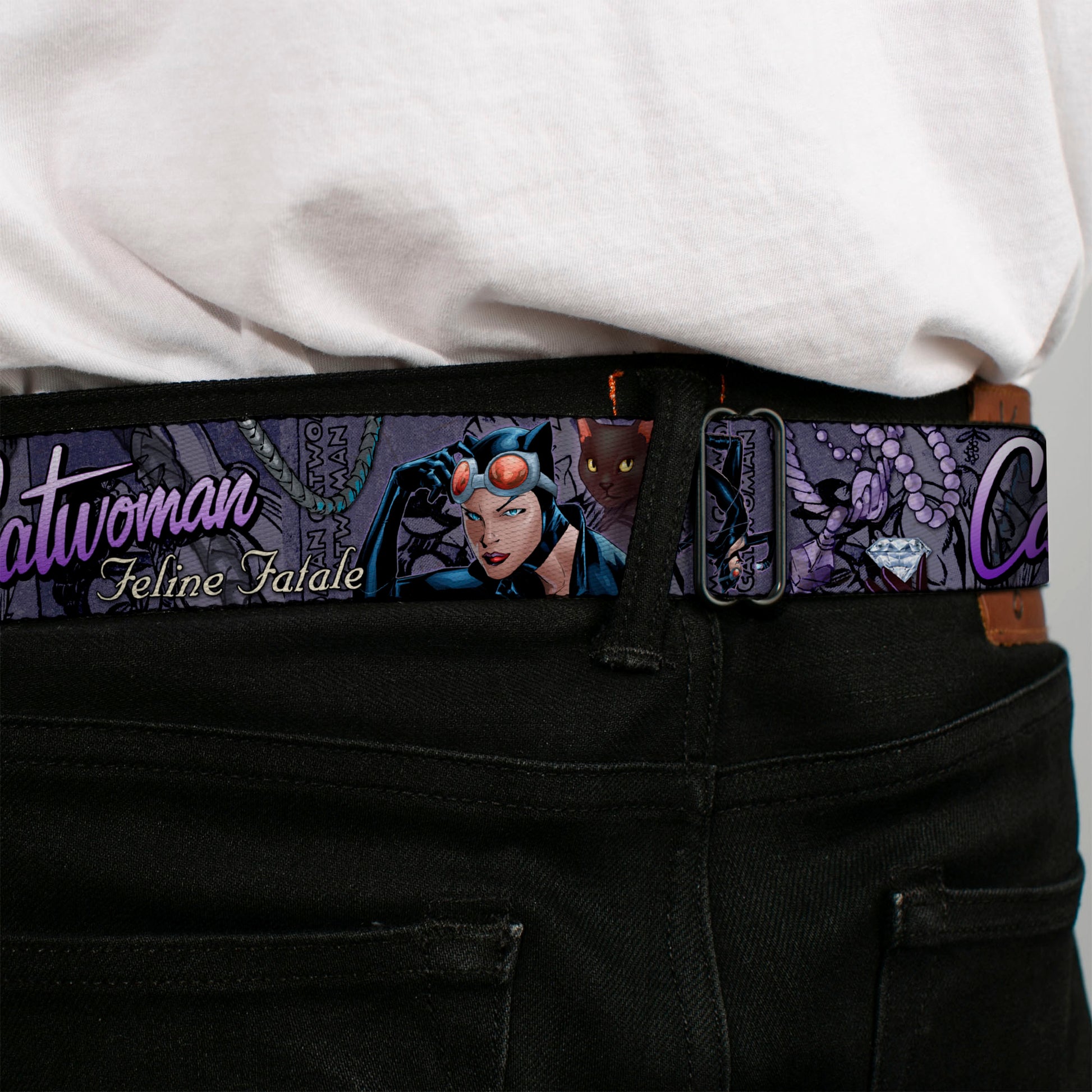 Catwoman Face Full Color Purple Seatbelt Belt - CATWOMAN-NINE LIVES OF A FELINE FATALE Pose2/Jewelry/Black Cat Purples Webbing Seatbelt Belts DC Comics
