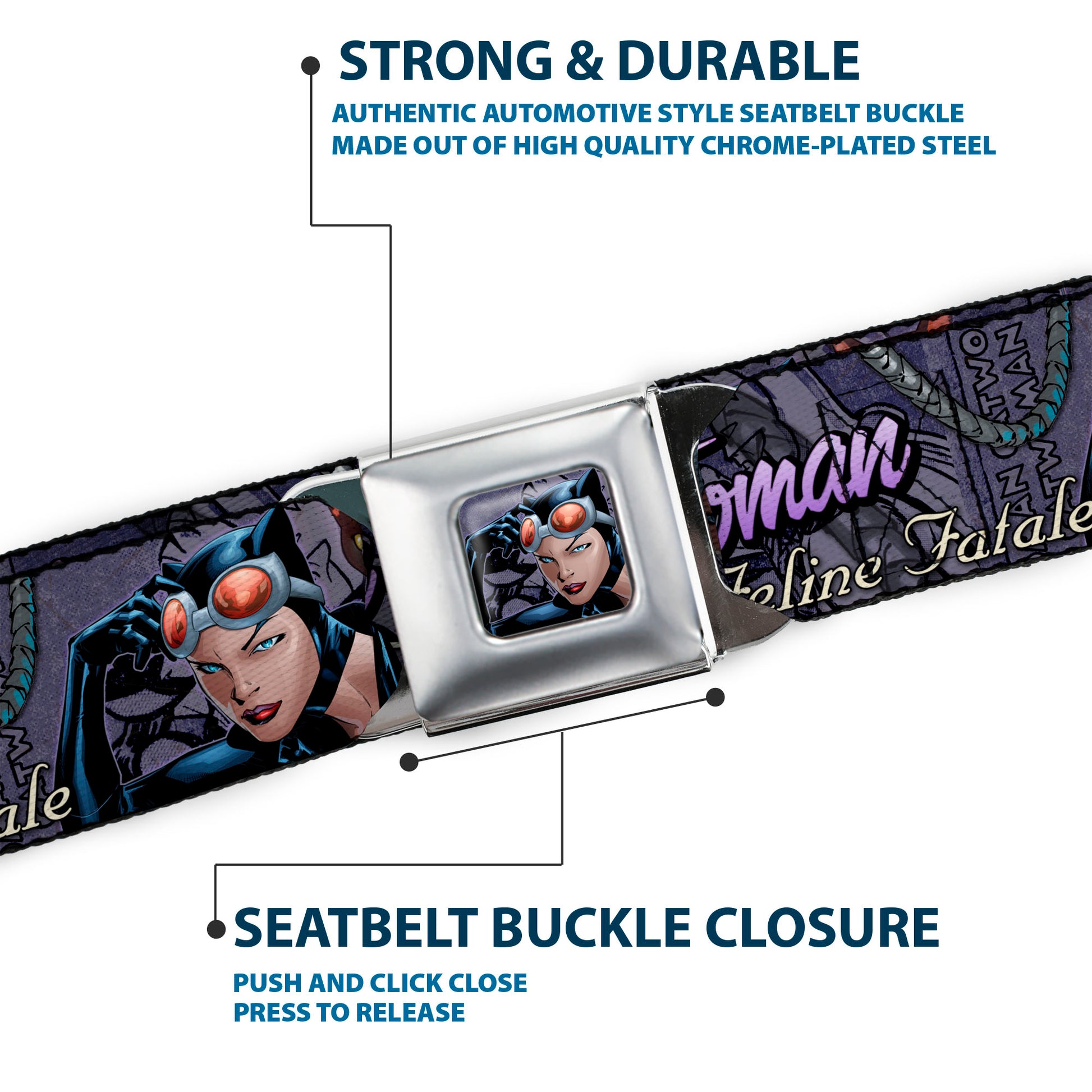 Catwoman Face Full Color Purple Seatbelt Belt - CATWOMAN-NINE LIVES OF A FELINE FATALE Pose2/Jewelry/Black Cat Purples Webbing Seatbelt Belts DC Comics