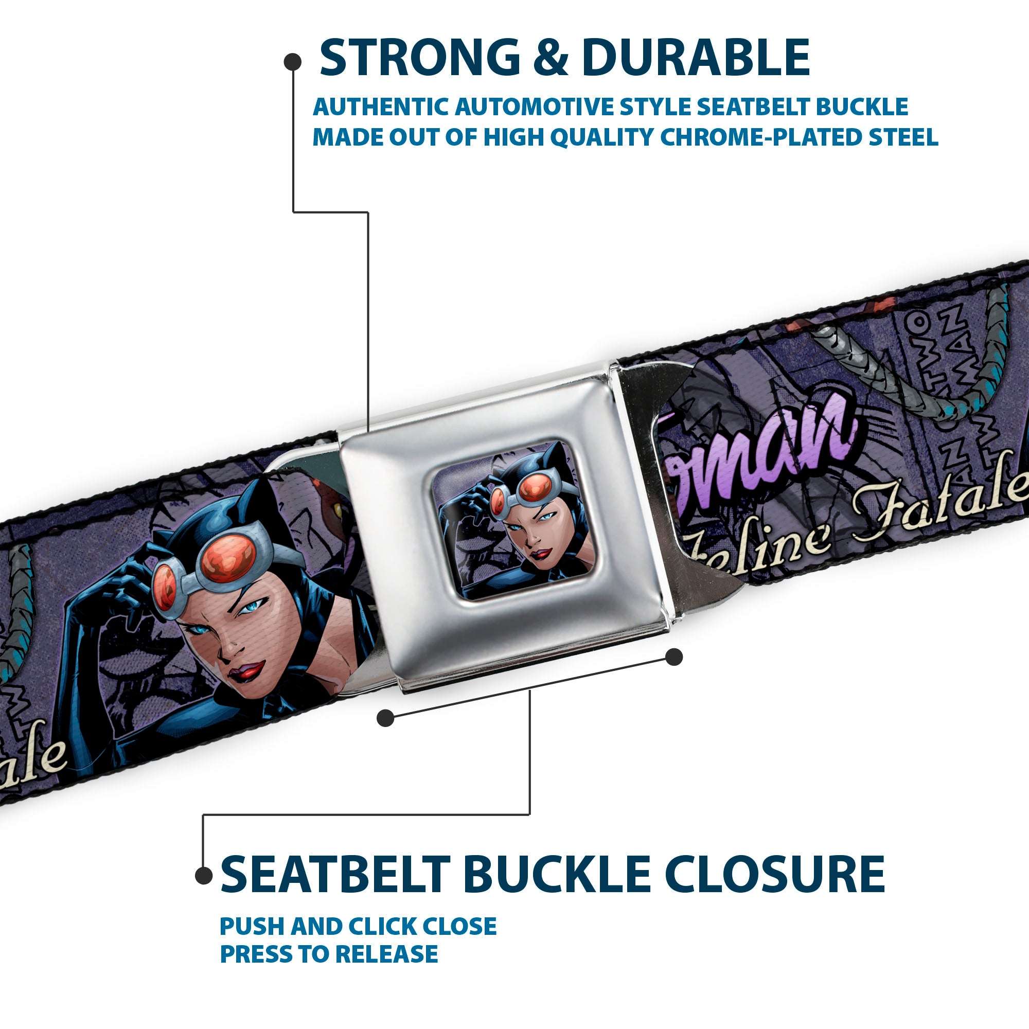 Catwoman Face Full Color Purple Seatbelt Belt - CATWOMAN-NINE LIVES OF A FELINE FATALE Pose2/Jewelry/Black Cat Purples Webbing Seatbelt Belts DC Comics