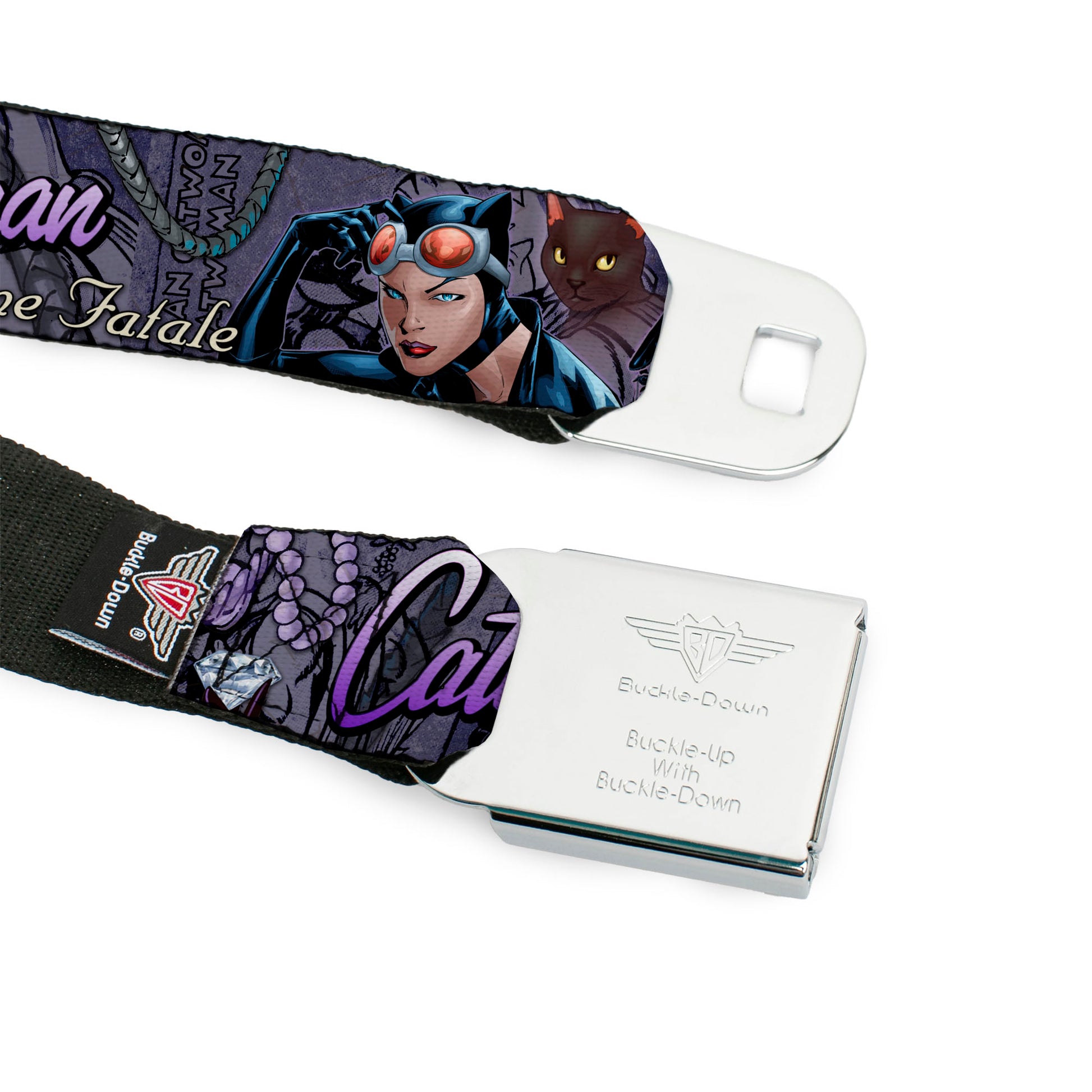 Catwoman Face Full Color Purple Seatbelt Belt - CATWOMAN-NINE LIVES OF A FELINE FATALE Pose2/Jewelry/Black Cat Purples Webbing Seatbelt Belts DC Comics