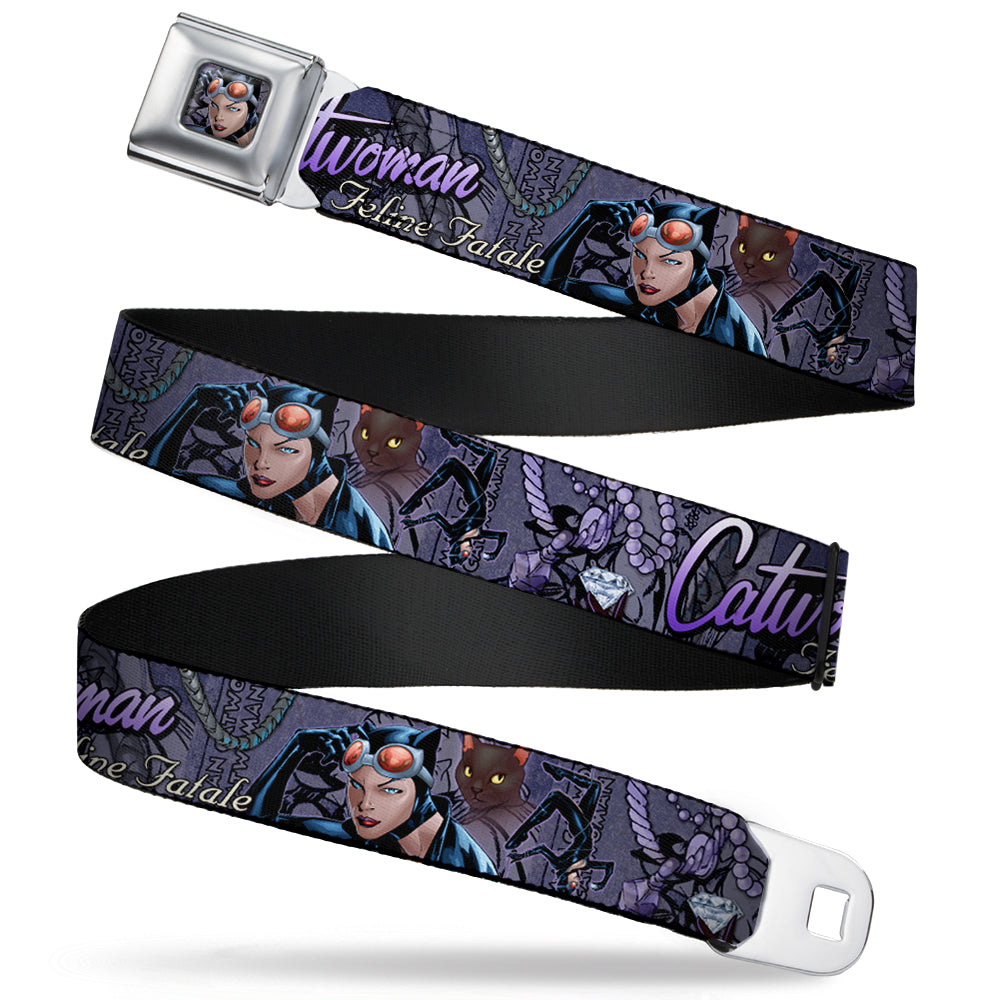 Catwoman Face Full Color Purple Seatbelt Belt - CATWOMAN-NINE LIVES OF A FELINE FATALE Pose2/Jewelry/Black Cat Purples Webbing Seatbelt Belts DC Comics
