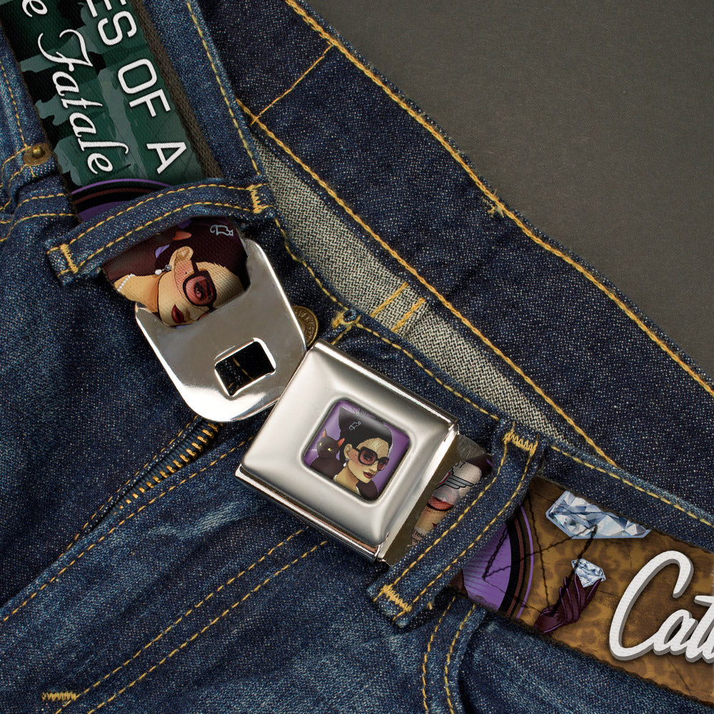 CATWOMAN Bombshell Face Full Color Purple Seatbelt Belt - CATWOMAN-NINE LIVES OF A FELINE FATALE Bombshell Pose/Diamonds Webbing Seatbelt Belts DC Comics