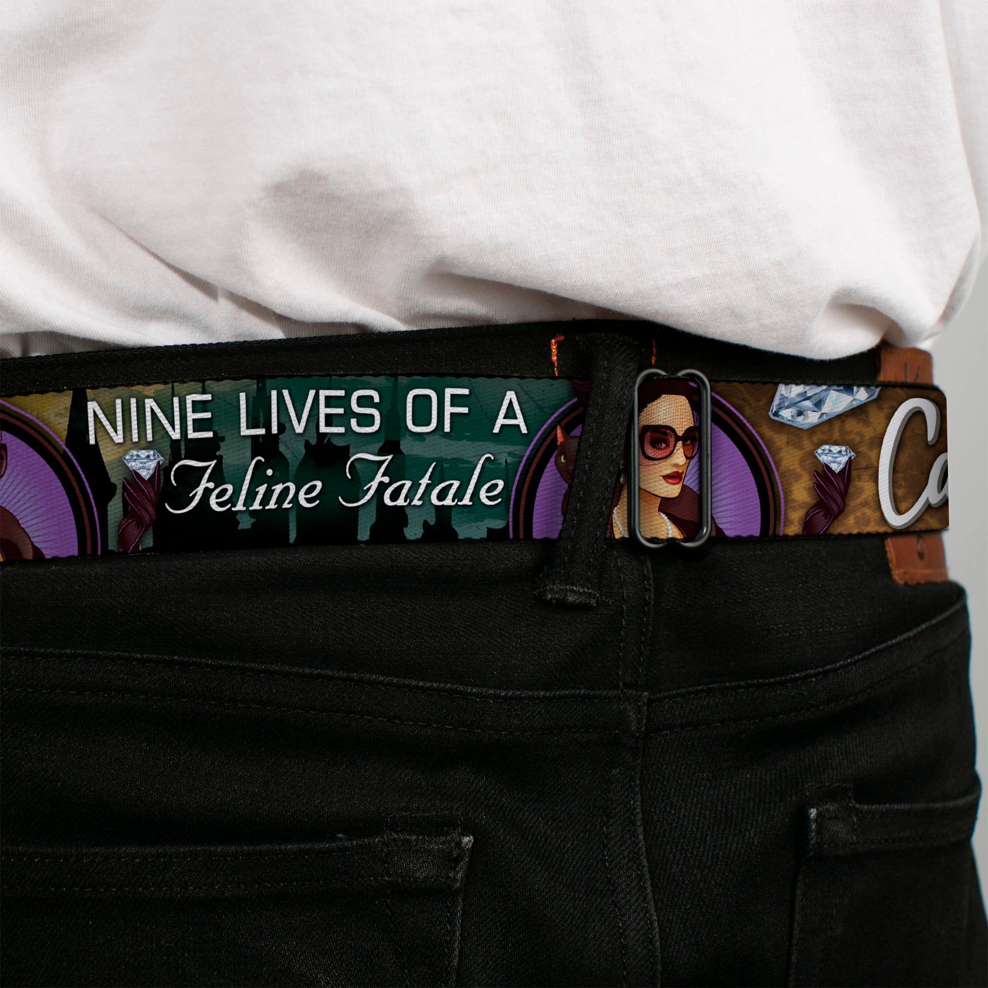 CATWOMAN Bombshell Face Full Color Purple Seatbelt Belt - CATWOMAN-NINE LIVES OF A FELINE FATALE Bombshell Pose/Diamonds Webbing Seatbelt Belts DC Comics