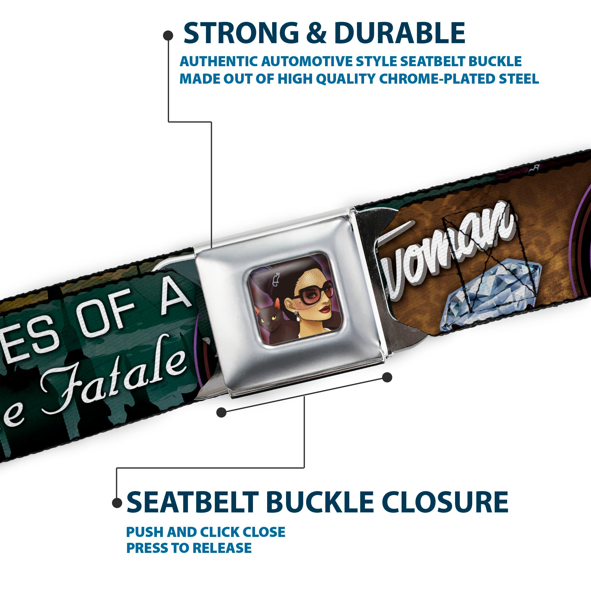 CATWOMAN Bombshell Face Full Color Purple Seatbelt Belt - CATWOMAN-NINE LIVES OF A FELINE FATALE Bombshell Pose/Diamonds Webbing Seatbelt Belts DC Comics