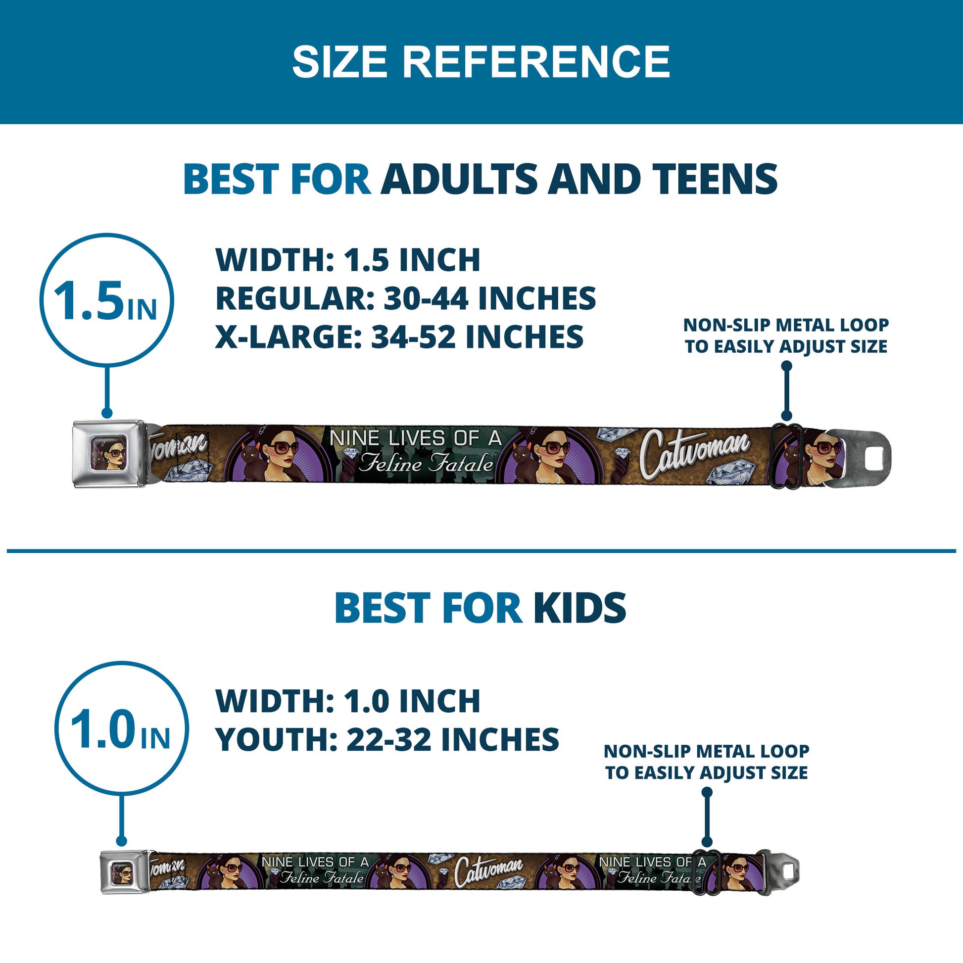 CATWOMAN Bombshell Face Full Color Purple Seatbelt Belt - CATWOMAN-NINE LIVES OF A FELINE FATALE Bombshell Pose/Diamonds Webbing Seatbelt Belts DC Comics