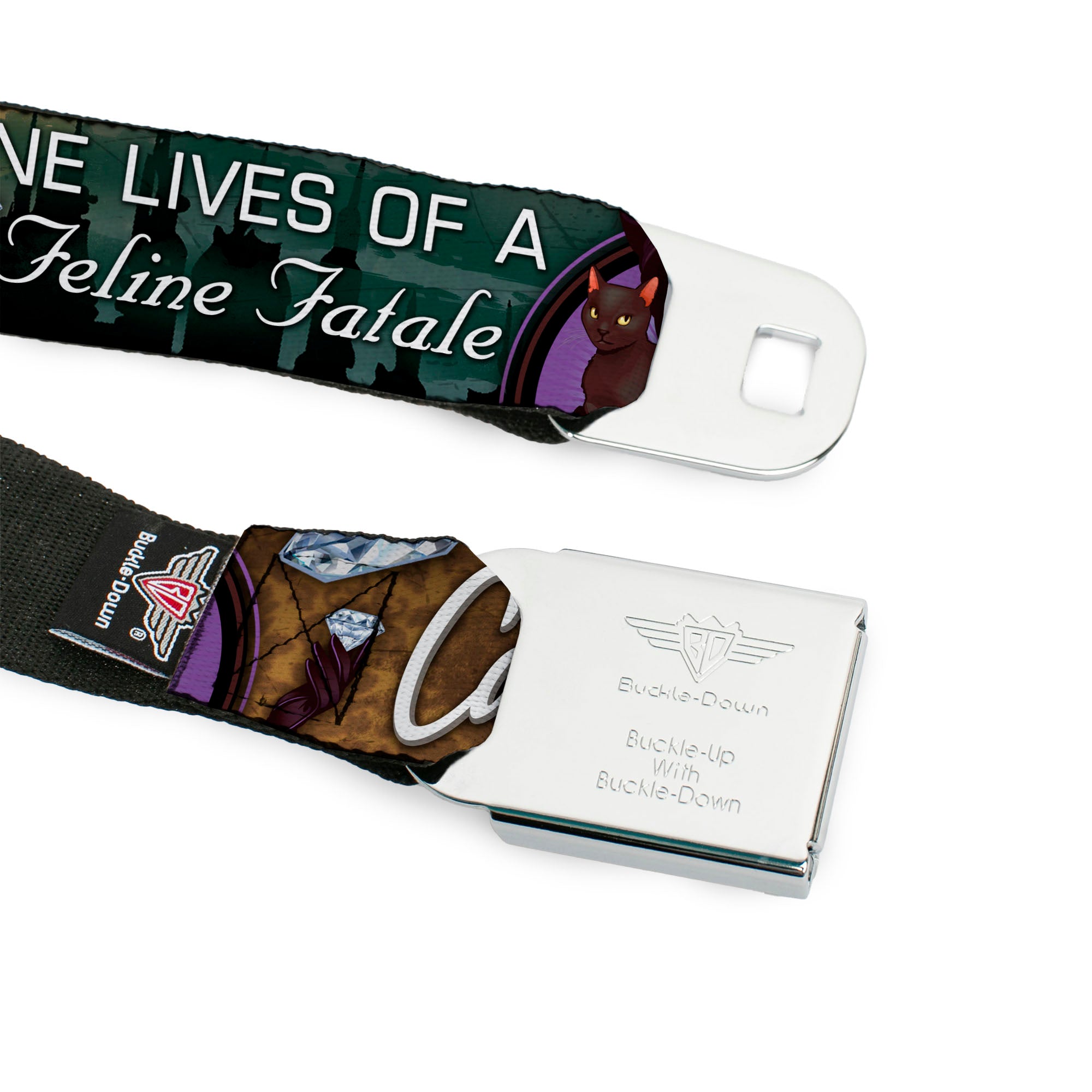 CATWOMAN Bombshell Face Full Color Purple Seatbelt Belt - CATWOMAN-NINE LIVES OF A FELINE FATALE Bombshell Pose/Diamonds Webbing Seatbelt Belts DC Comics