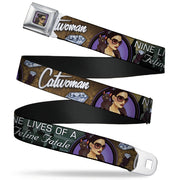 CATWOMAN Bombshell Face Full Color Purple Seatbelt Belt - CATWOMAN-NINE LIVES OF A FELINE FATALE Bombshell Pose/Diamonds Webbing Seatbelt Belts DC Comics