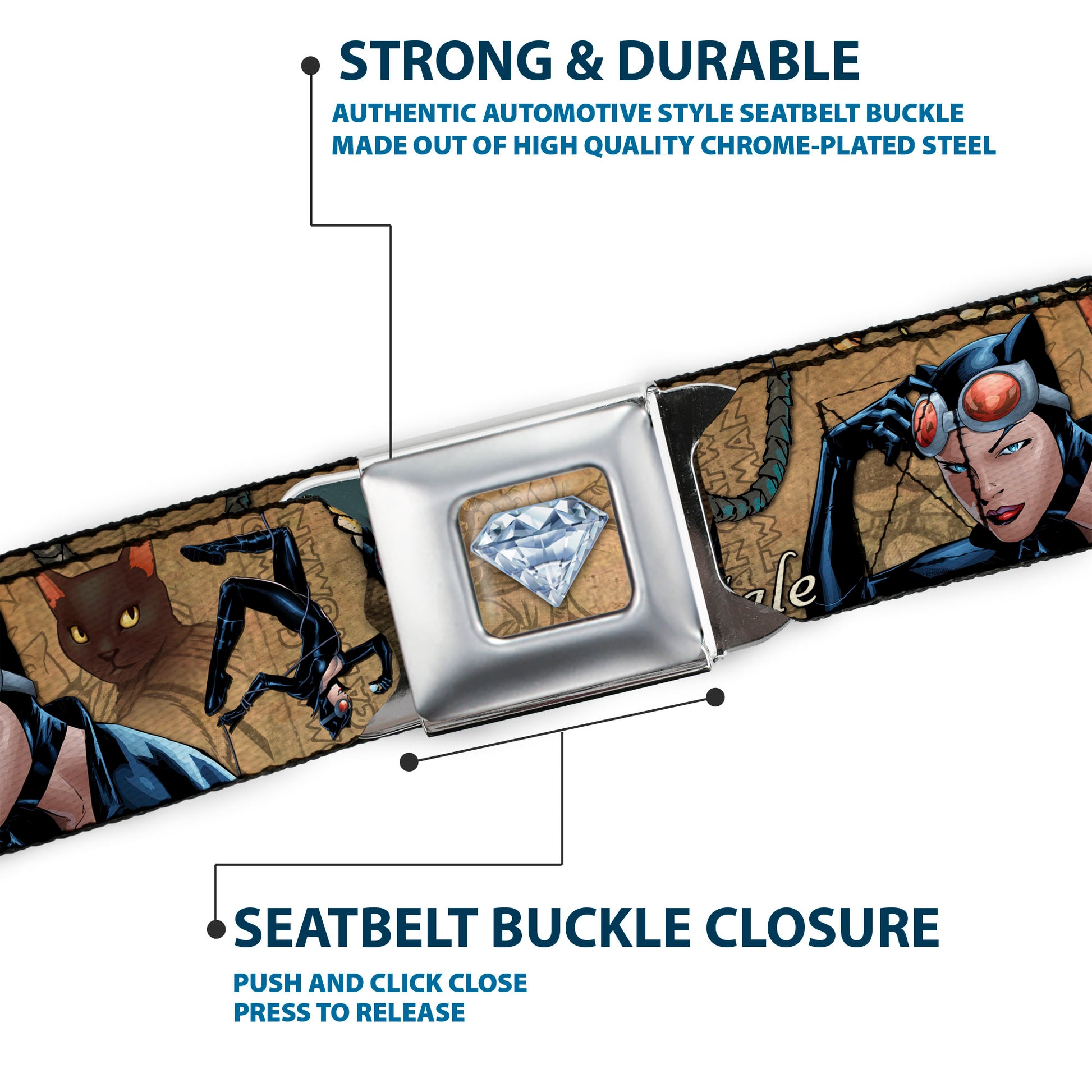 Catwoman Diamond Full Color Tans Seatbelt Belt - CATWOMAN-NINE LIVES OF A FELINE FATALE Pose2/Jewelry/Black Cat Tans Webbing Seatbelt Belts DC Comics