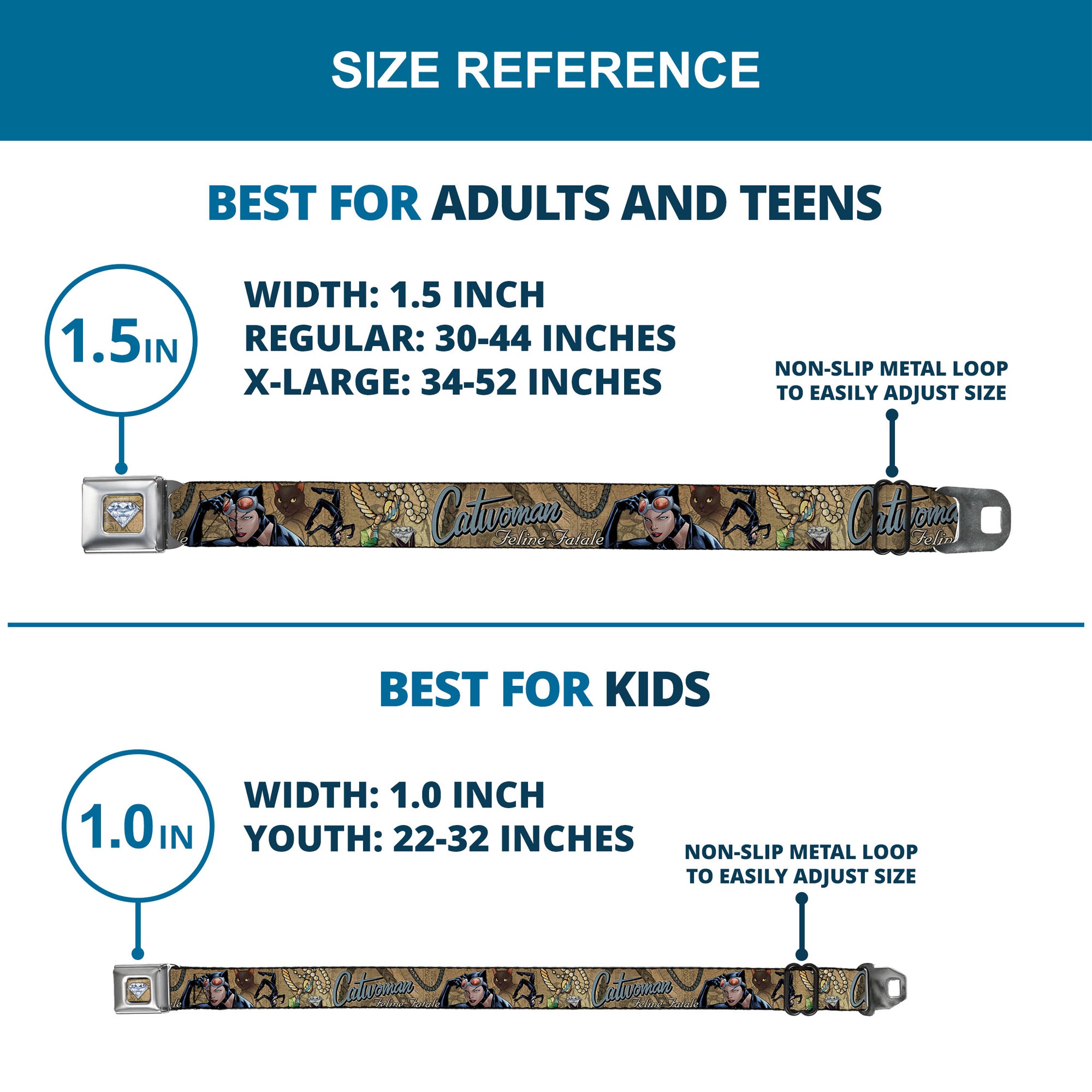 Catwoman Diamond Full Color Tans Seatbelt Belt - CATWOMAN-NINE LIVES OF A FELINE FATALE Pose2/Jewelry/Black Cat Tans Webbing Seatbelt Belts DC Comics