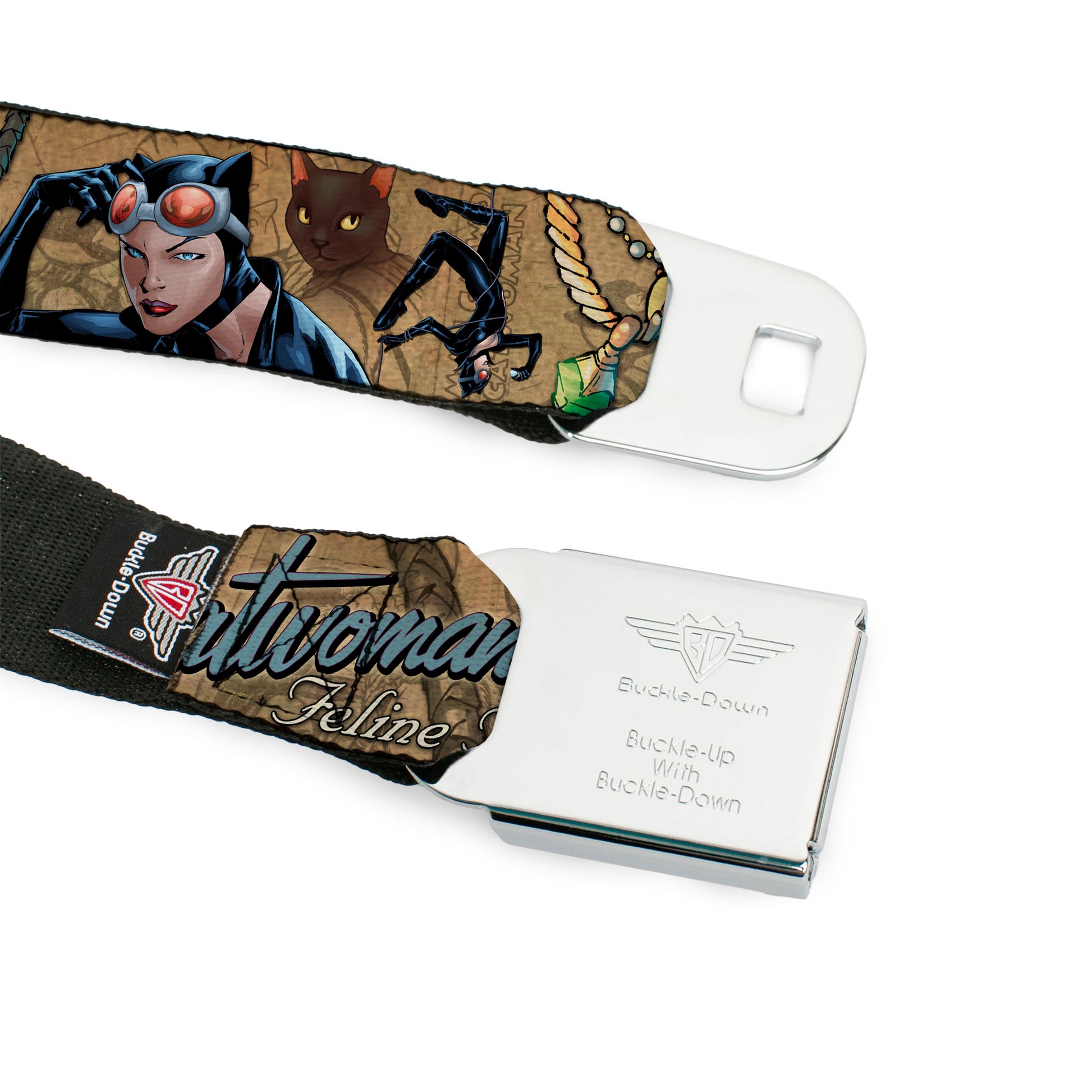 Catwoman Diamond Full Color Tans Seatbelt Belt - CATWOMAN-NINE LIVES OF A FELINE FATALE Pose2/Jewelry/Black Cat Tans Webbing Seatbelt Belts DC Comics